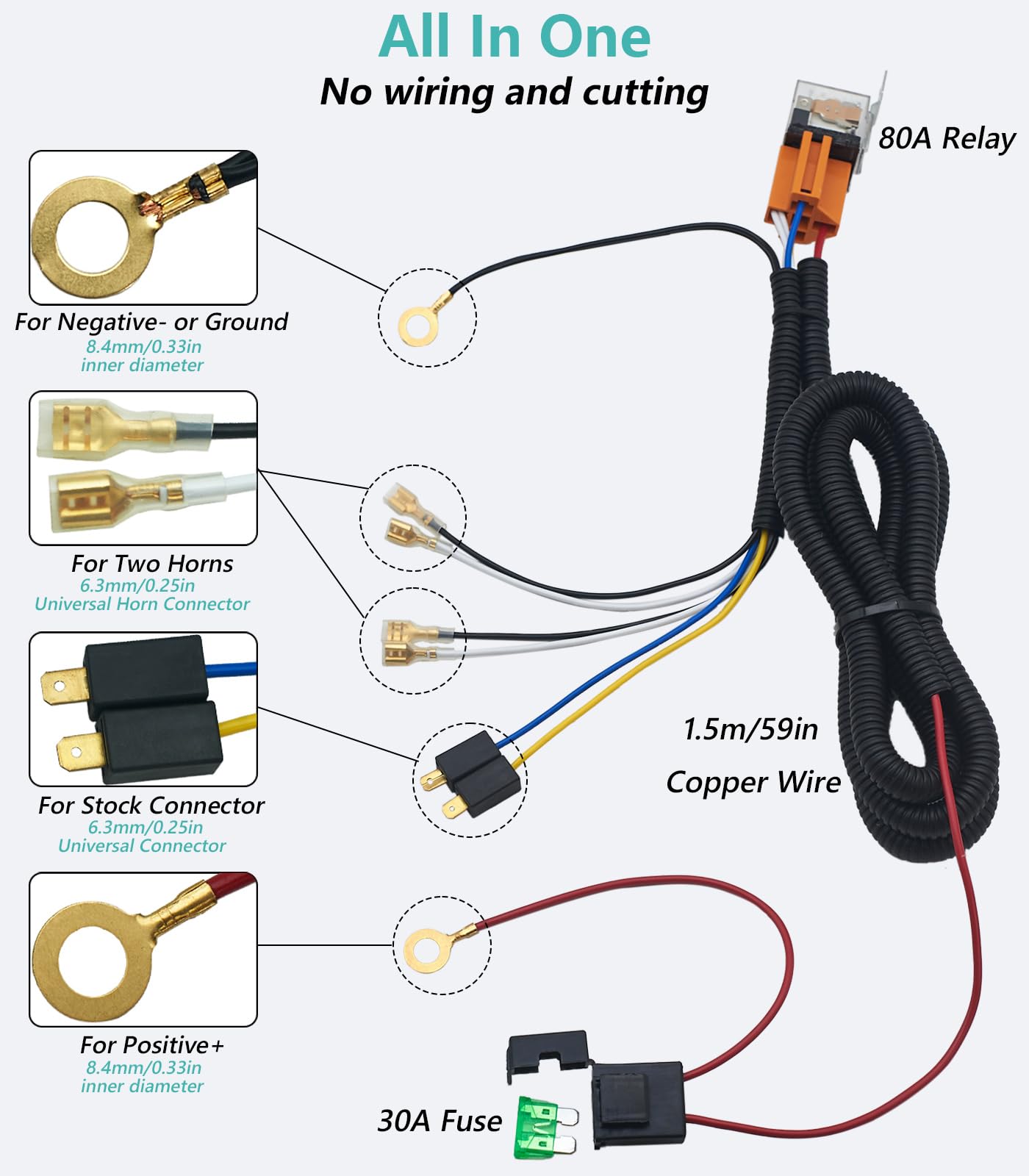 Neoget Car Horn 12V With Relay Wiring Harness Kit, 1 To 2 Universal Horn Splitter Converter For 12 Volt Vehicle Automotive Motor