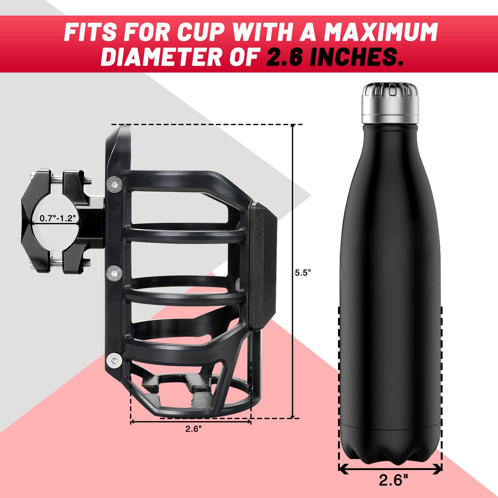 Tongze Bike Cup Holder Aluminum Alloy Motorcycle Cup Holder with Stretchy Plastic Shell Stainless Steel Screws Motorcycle, Bicyc