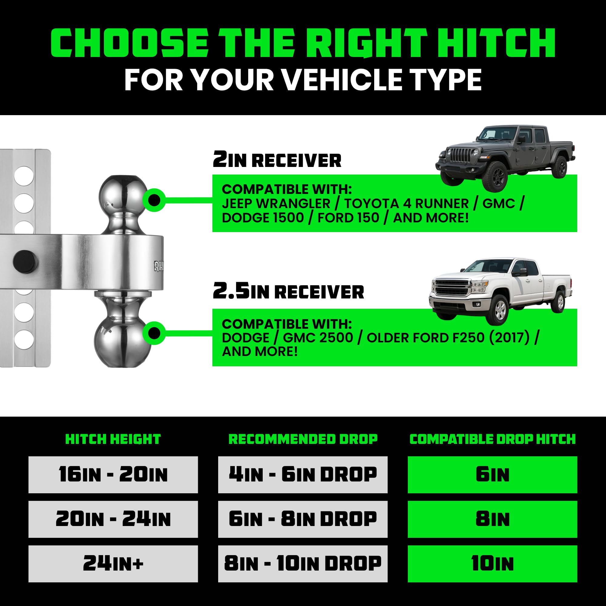 Rhino USA Adjustable Trailer Hitch - Heavy Duty Aluminum, 2.5" Receiver, 6" Drop/Rise, 18,500 LBS GTW, Weatherproof Locking Pins, Br