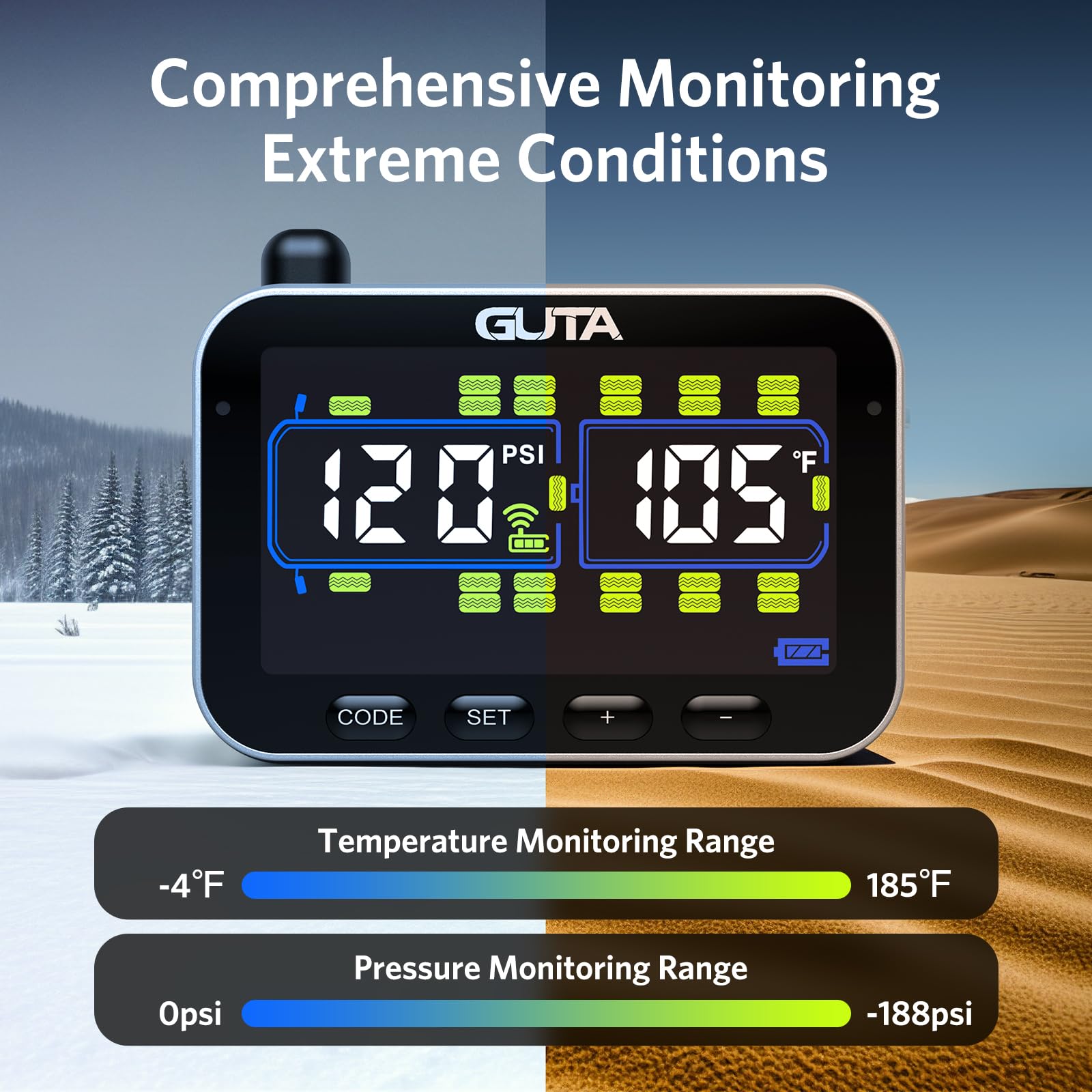 GUTA Trailer Tire Pressure Monitoring System, RV Tire Pressure Monitor with 4 Sensors, 6 Alert Modes, Power Saving Mode, Large C