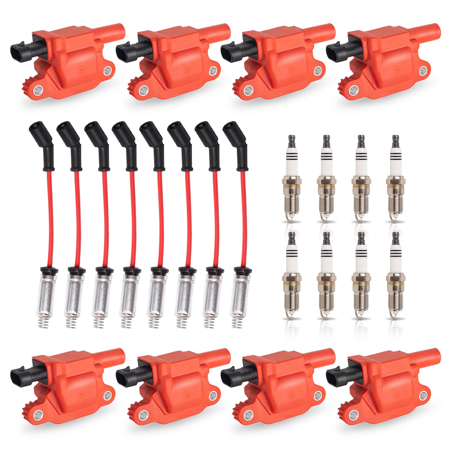 ENA Set of 8 Red Ignition Coil and 7mm Red Wire Set with 8 Platinum Spark Plug Compatible with Chevrolet GMC Avalanche Corvette 
