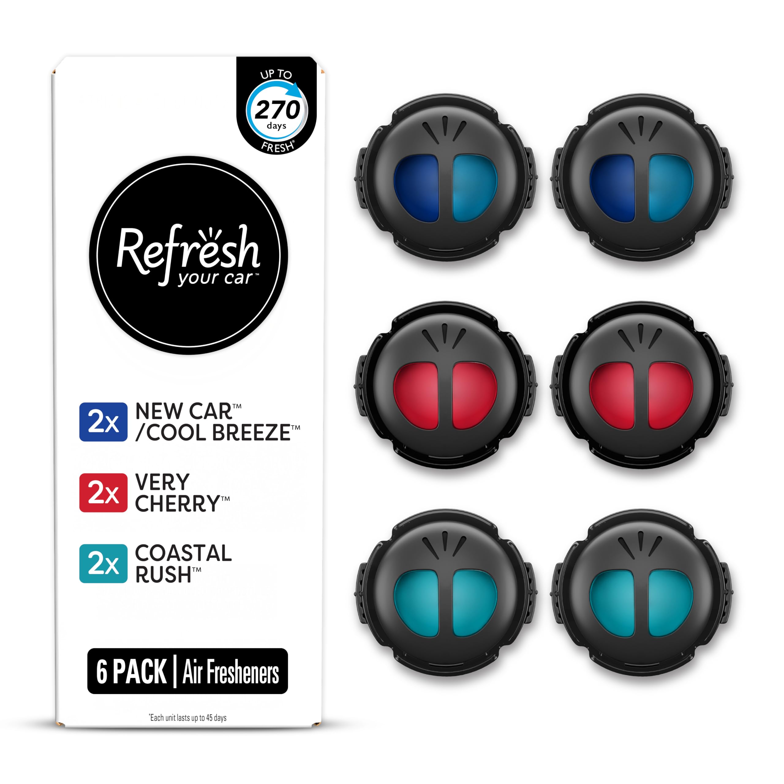 Refresh Your Car Mini Diffuser Car Air Fresheners Variety Pack, New Car/Cool Breeze, Very Cherry, and Coastal Rush Scents, 6 Pac