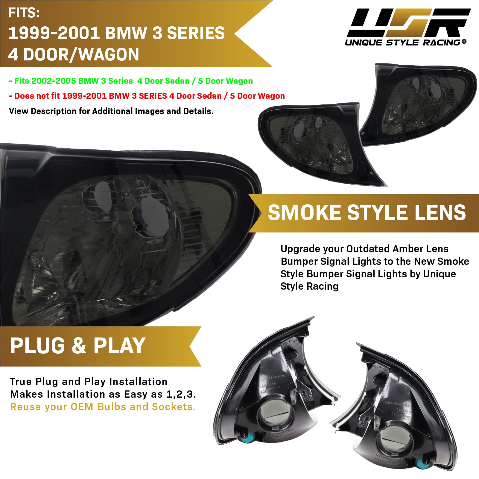 DEPO 02-05 E46 4D Cornering Lights - OE Euro Smoke Corner Turn Signal Lamps Set (Left + Right) Compatible with 2002-2005 BMW E46