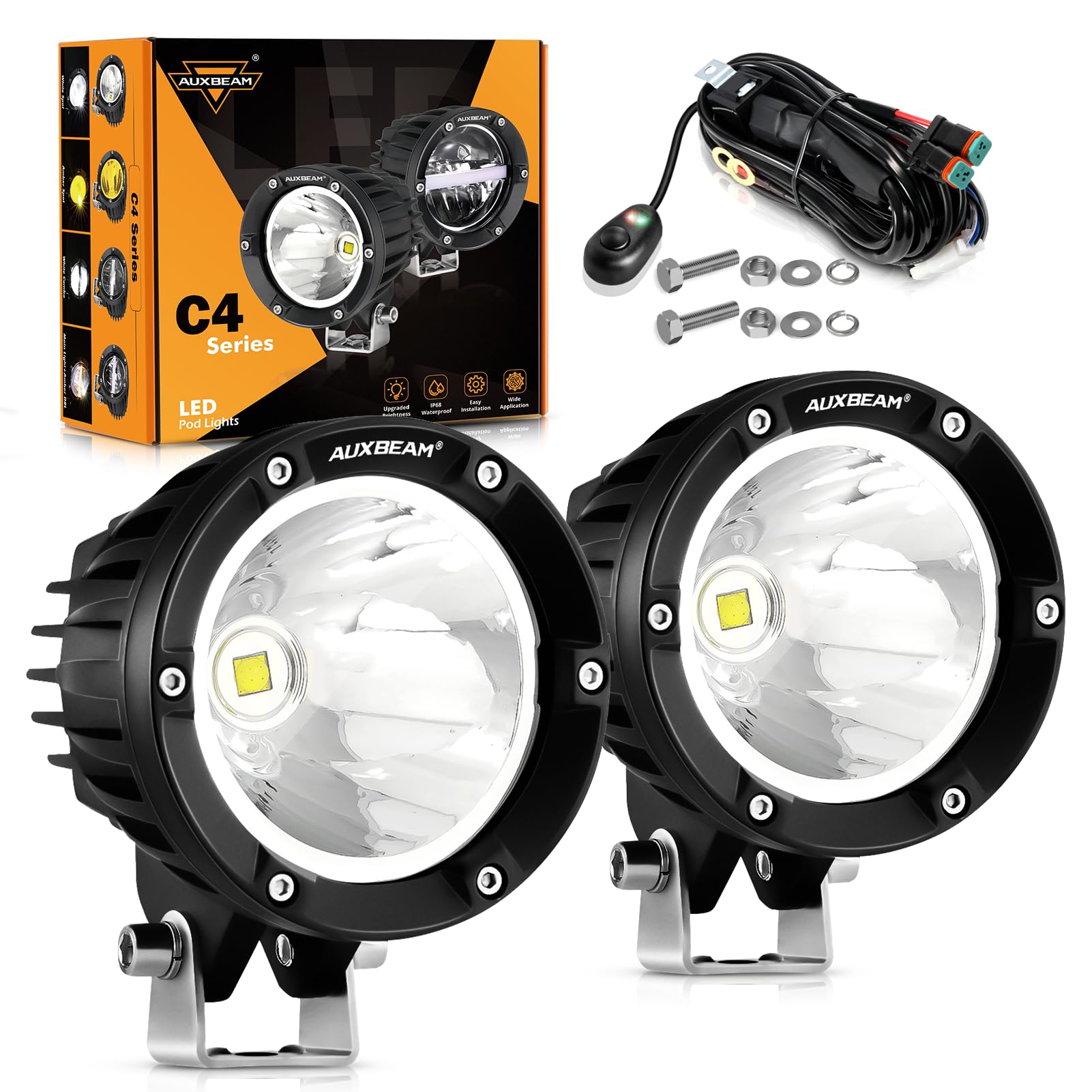 Auxbeam C4 Series Spot Beam Led Pod Lights, 4 Inch 72W Round Off-Road Lighting Automotive Bumper Spotlights, A-Pillar Fog Round