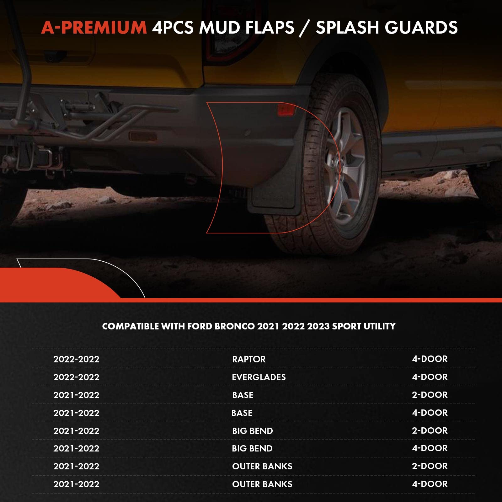 A-Premium - 4Pcs Mud Flaps Splash Guards W/Hardware Compatible With Ford Bronco 2024-2021, [4 & 2-Door] - For Base, Everglades,