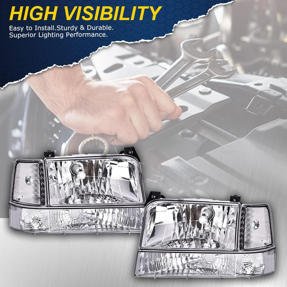Cheda Headlights Assembly Compatible With 1992-1996 Ford Bronco F150/1992-1997 F250 F350 Super Duty W/Corner Signal Bumper Lamps