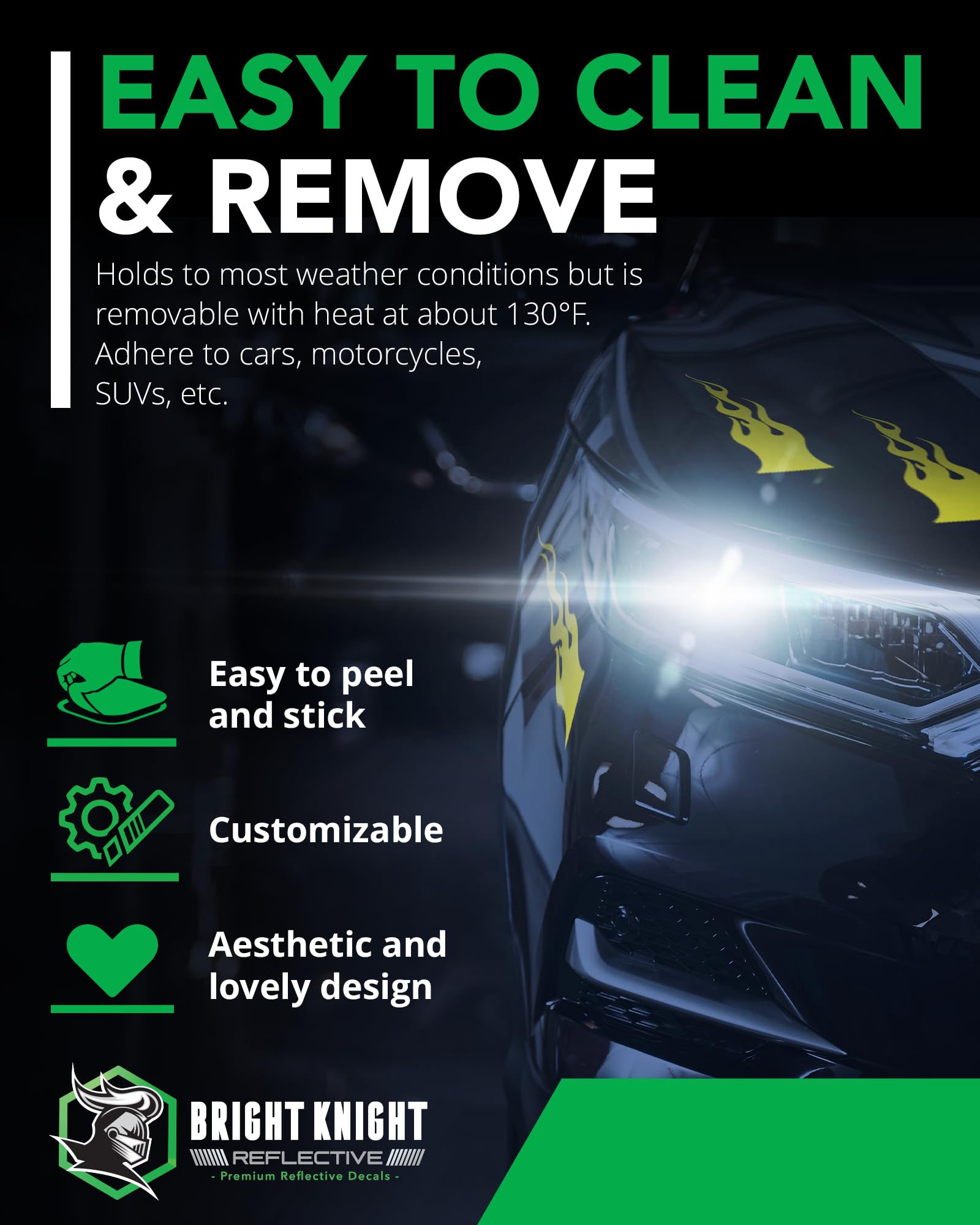 Bright Knight Reflective Flame Stickers, 4 Pcs Yellow Reflective Car Sticker Decal With 3M Retro-Reflective Vinyl, Self-Adhesive