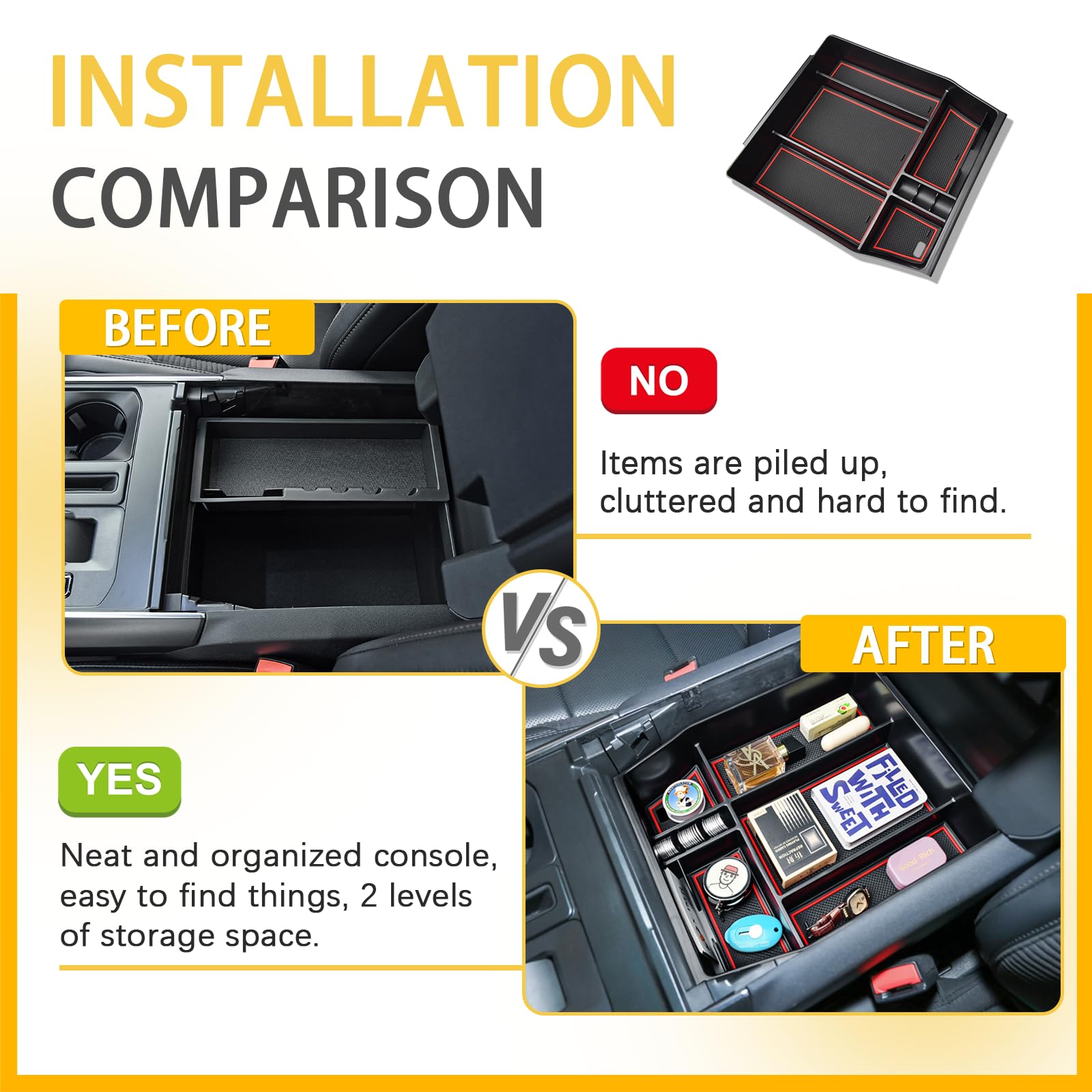 X-TKER Center Console Organizer Tray for Ford F150 2021-2025, Red Trim, Armrest Storage Box for 40/Console/40 Front-Seats