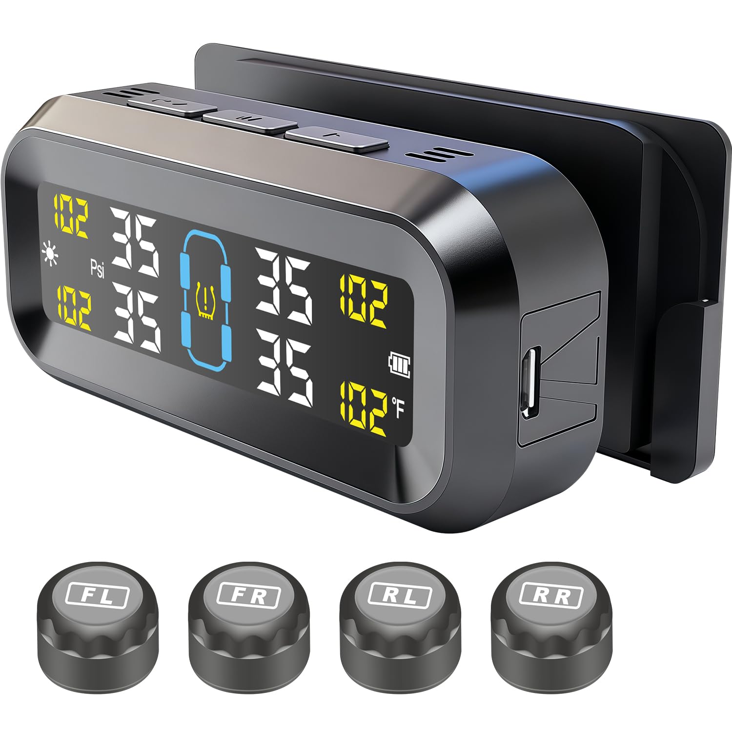 Tire Pressure Monitoring System with Solar & USB Charger-TPMS with 4 External Sensors & 6 Alarm Modes, LCD Display Screen, Real-