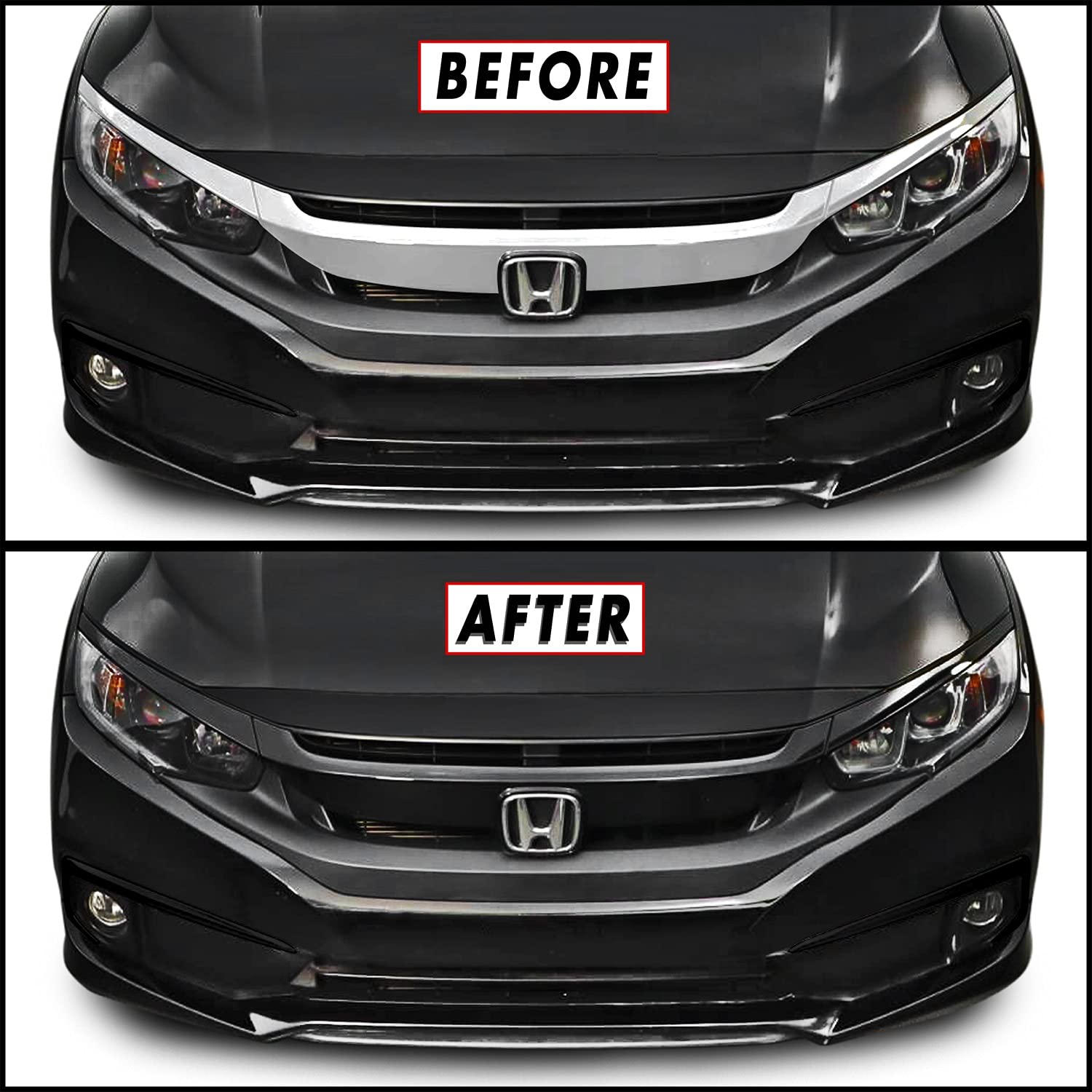 Slickmod Chrome Delete Blackout Vinyl Overlay For 2016-2021 Honda Civic Front Grill Trim (Gloss Black)