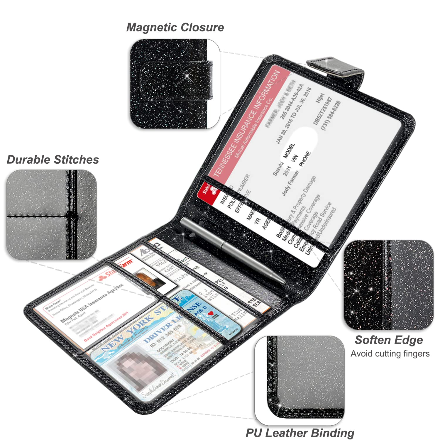 Yaviv Car Registration And Insurance Holder, Premium Leather Car Document Organizer Cool Car Accessories For Cards, Essential Document And Driver License, Black Glitter
