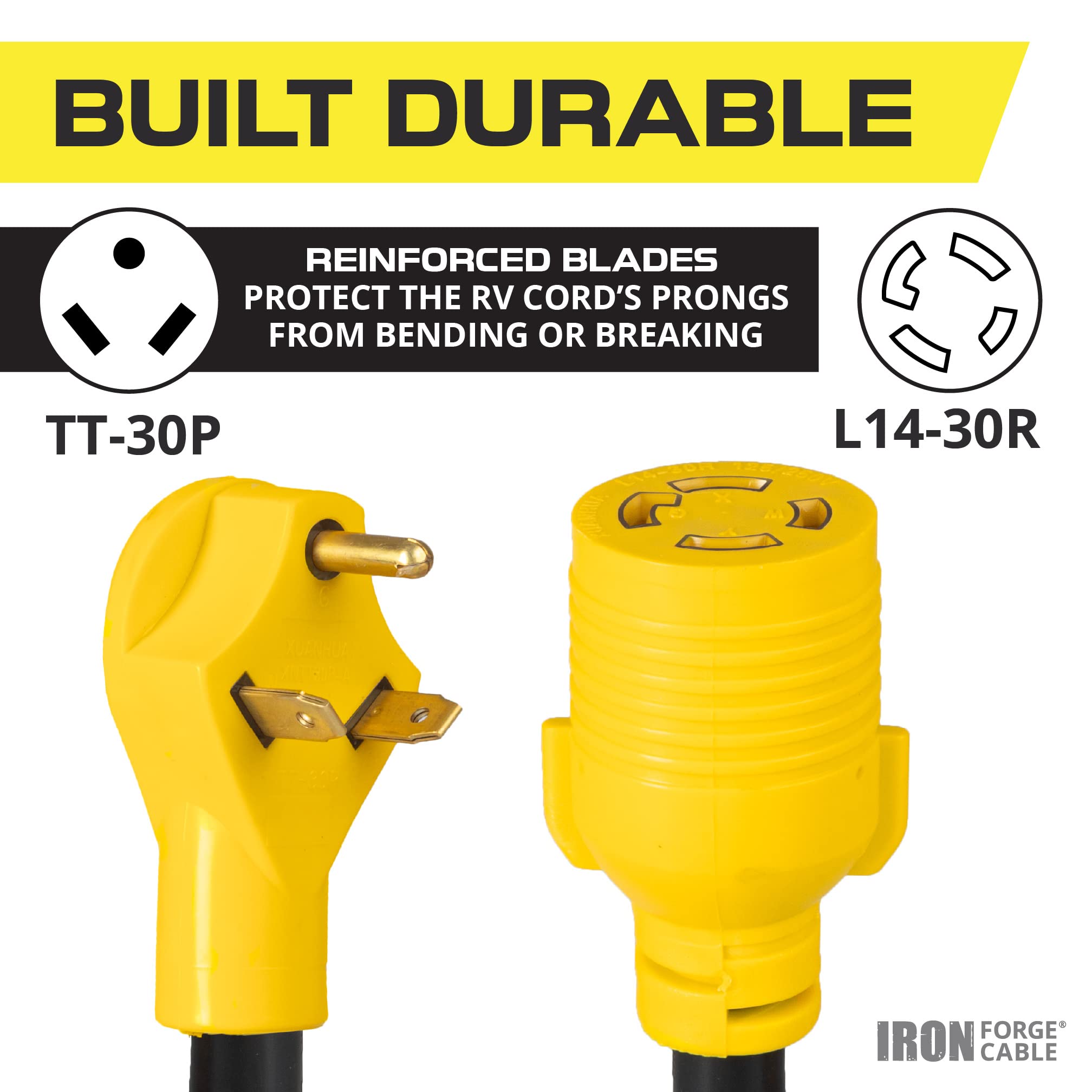 Iron Forge Cable 30 Amp Rv Plug, 30Amp Rv Electrical Adapter Power Cord, 1.5 Ft - 10/3 Stw Tt-30P Male Plug To L14-30R Female Re