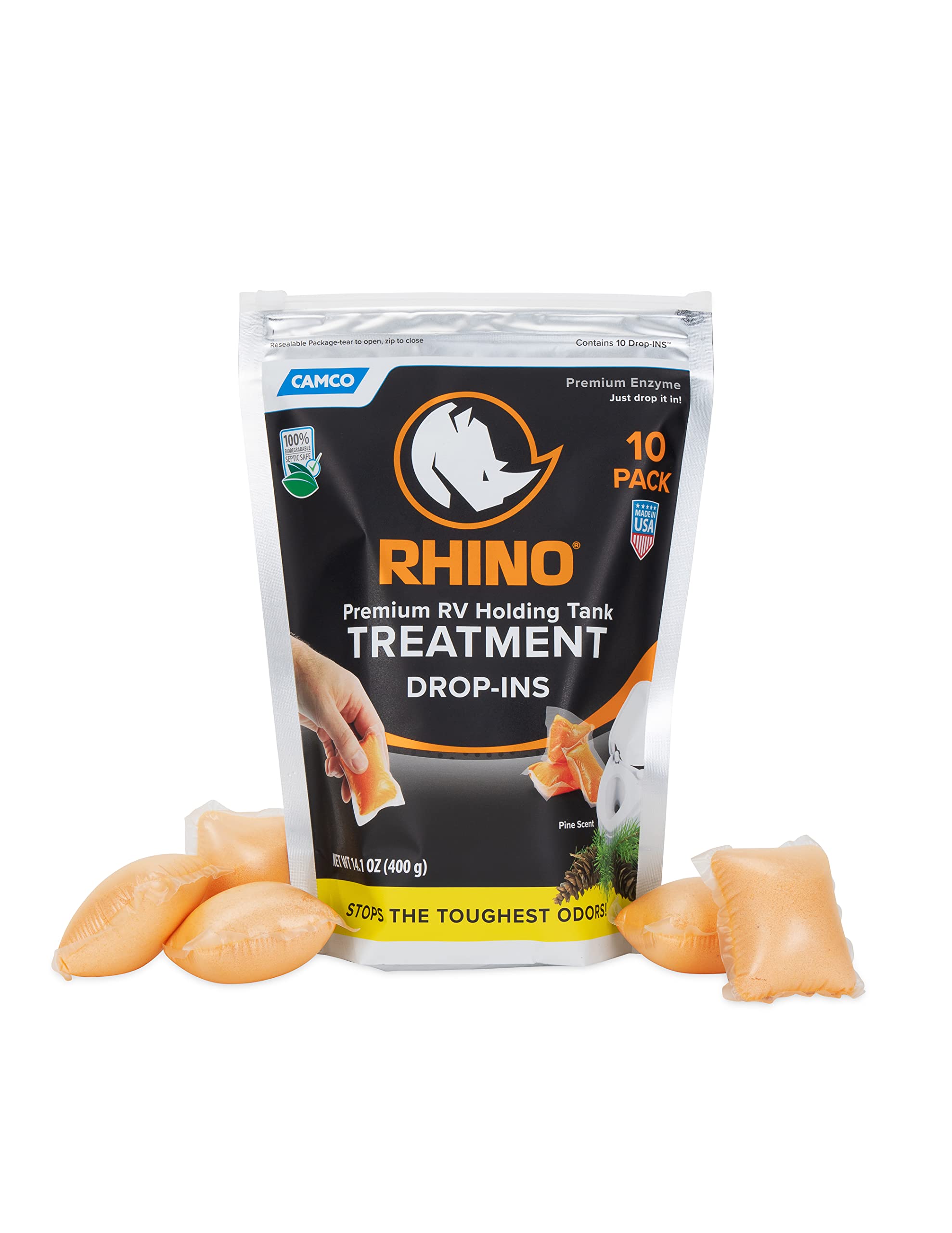 Camco Rhinoflex Premium Enzyme Rv Holding Tank Treatment Drop-Ins | Features A Biodegradable Septic Safe Formula, A Pine Scent, And Is Ideal For Rving, Boating, And More | 10 Count (41519)