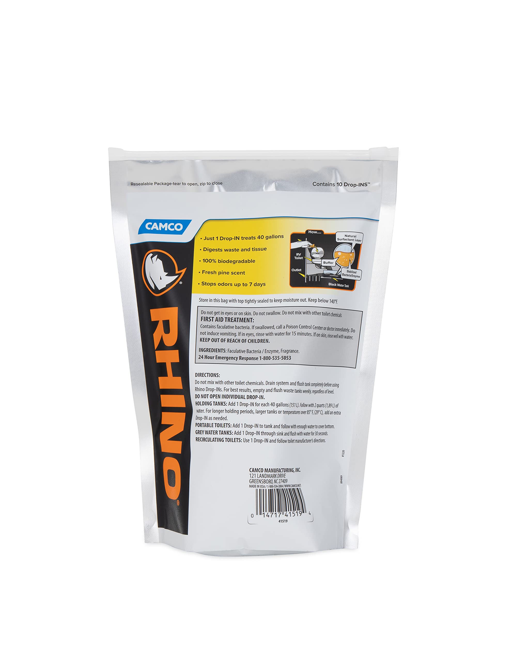 Camco Rhinoflex Premium Enzyme Rv Holding Tank Treatment Drop-Ins | Features A Biodegradable Septic Safe Formula, A Pine Scent, And Is Ideal For Rving, Boating, And More | 10 Count (41519)
