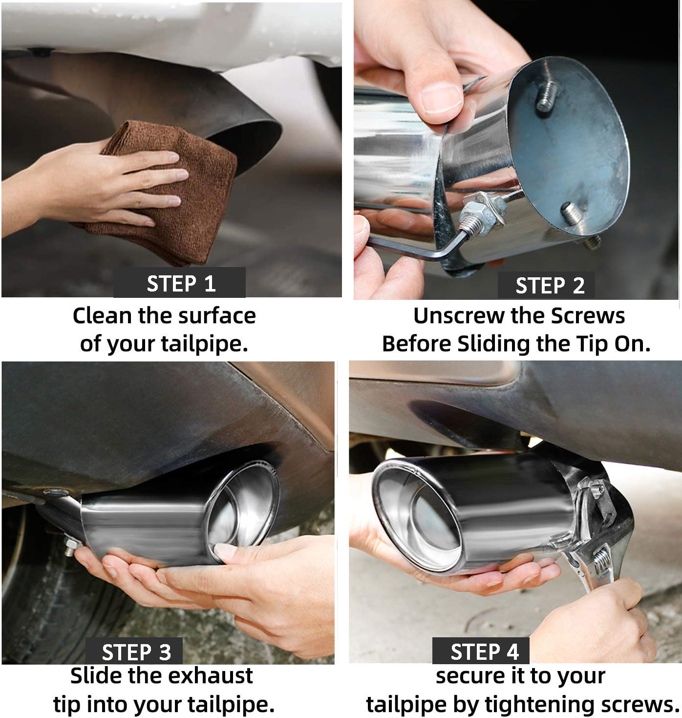 Dsycar Universal 1.5-2.25 Inch Adjustable Inlet Exhaust Tips, Bolt-On Design Chrome Plated Stainless Steel Exhaust Tailpipe Tips (Silver Curved)