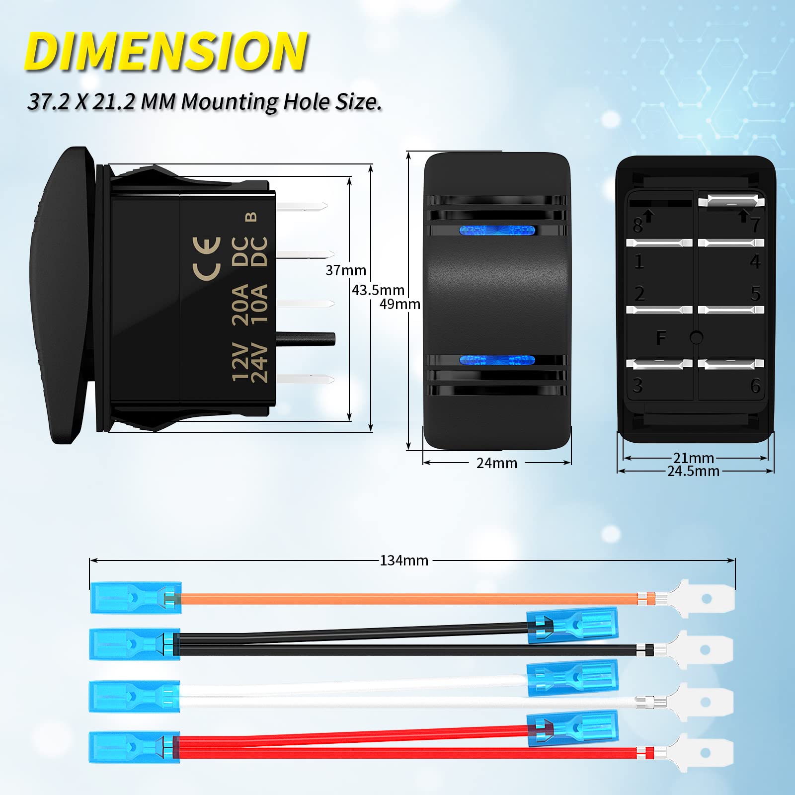 Joinfworld Momentary Rocker Switch Waterproof (ON)-Off-(ON) 3 Position Rocker Switch 12V 20A DPDT 7 Pin Blue LED Boat Switch Tog