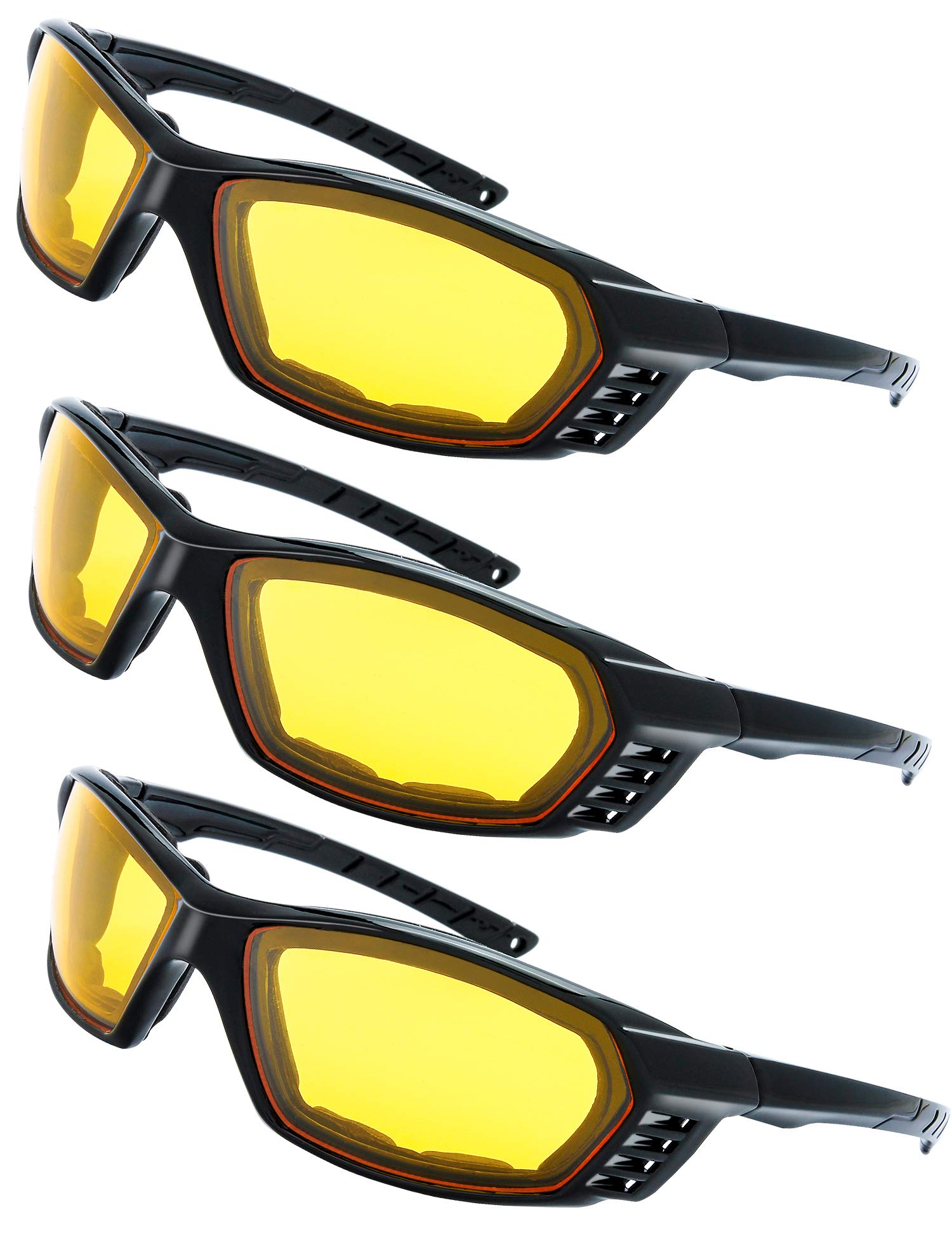 The Fresh Motorcycle Riding Glasses Padded Frame Lens Block 100% Uvb For Outdoor Activity Sport (27-Black, 3 Pairs Of Yellow)