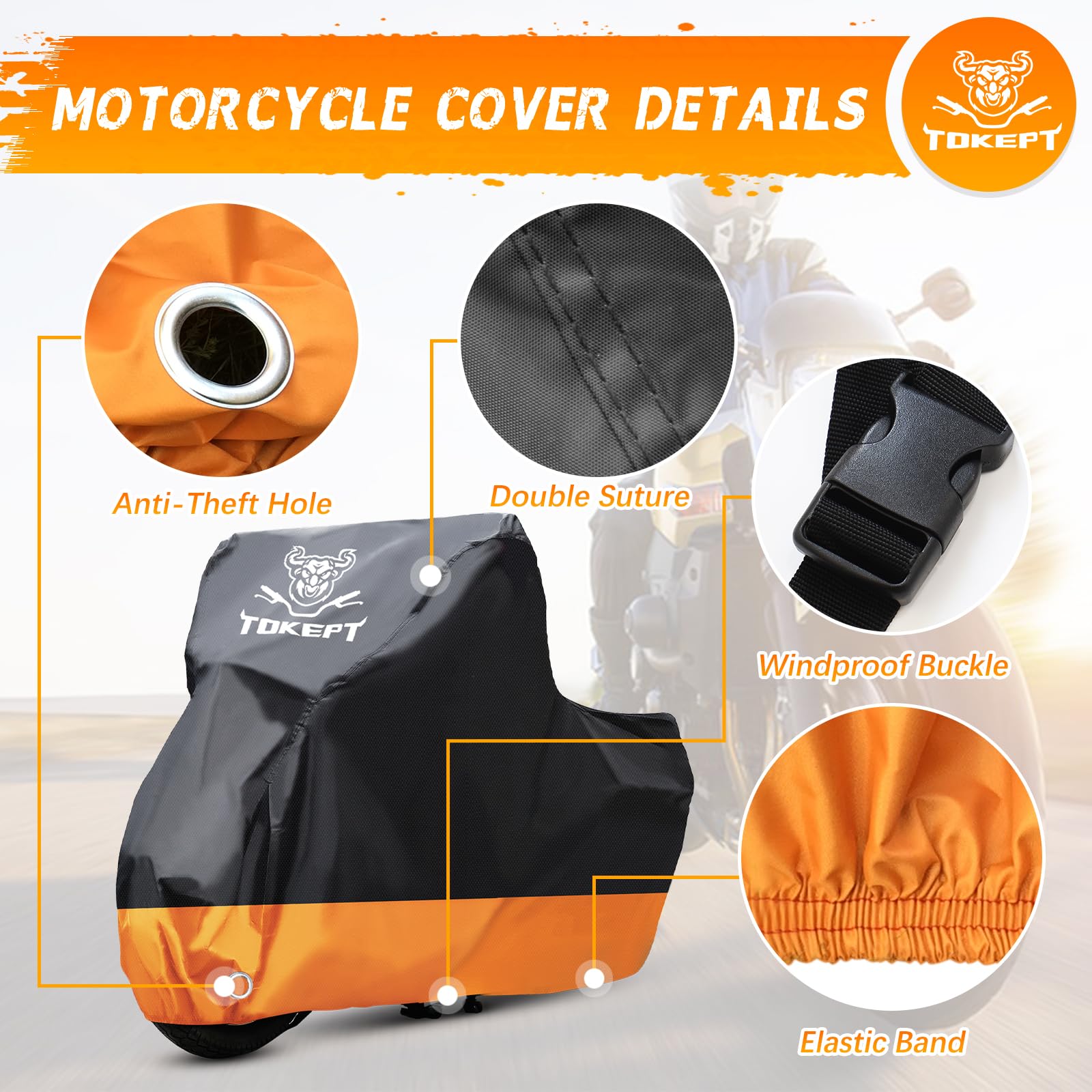 Tokept Motorcycle Cover, All-Season Waterproof Outdoor Sun Protection Fit Up To 86 Inch Harley-Davidson Honda Suzuki Kawasaki Ya