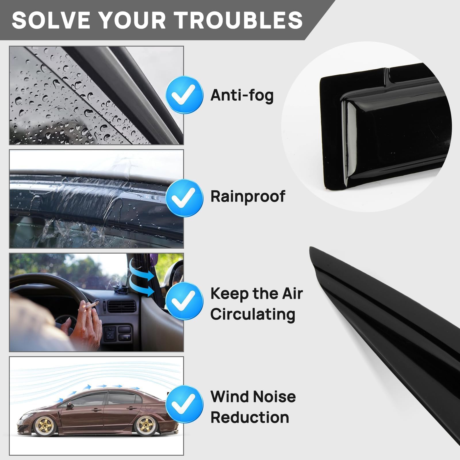 Psler 4Pcs Side Window Deflectors For Honda Civic Sedan 2012 2013 2014 2015 4Pcs Car Outside-Mount Window Visor Compatible With 2012-2015 Civic Lx Si Rain Guards Accessories