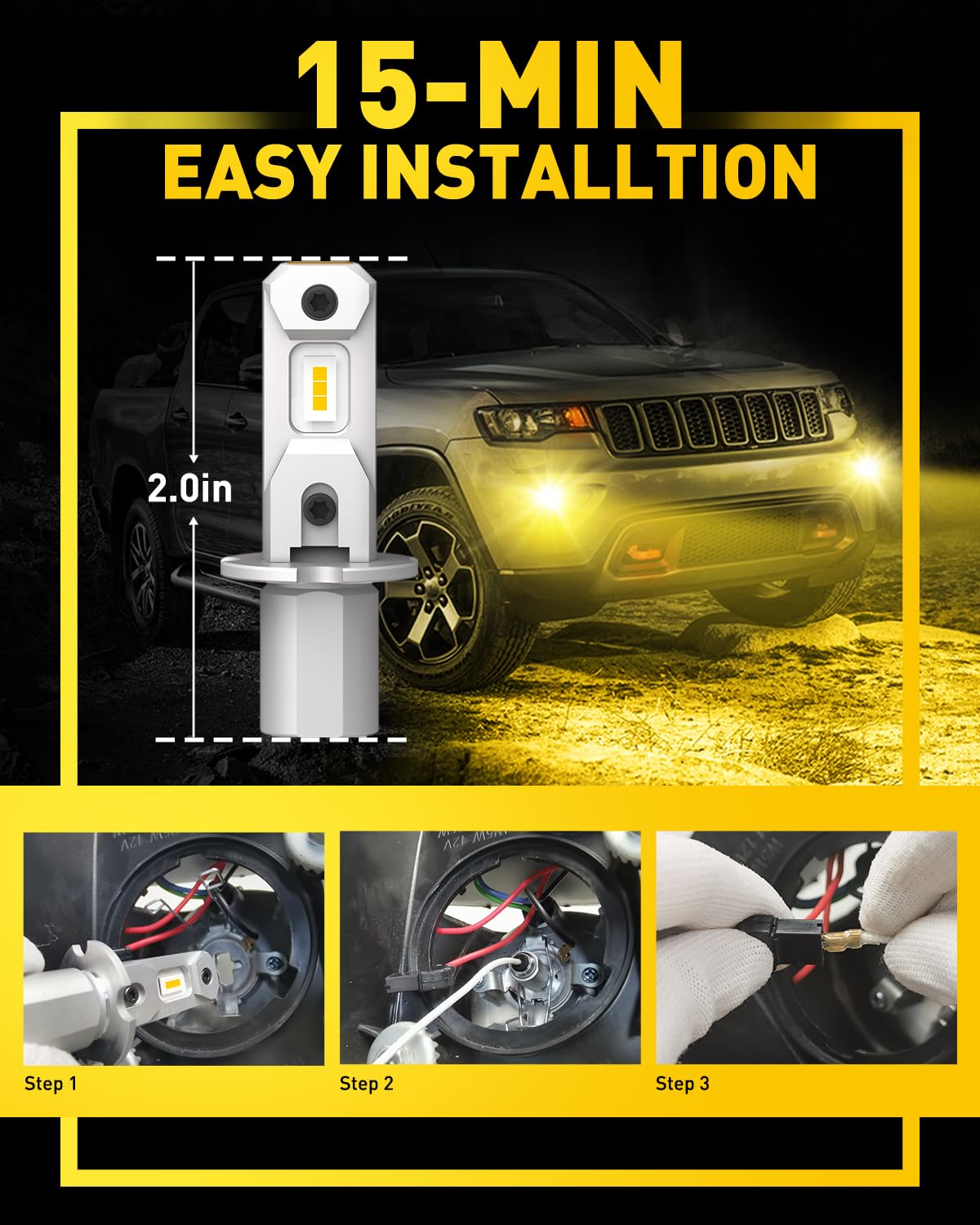 Auxito H3 Led Fog Light Bulbs 3000K Yellow, Super Penetration, 1:1 Mini Size, Plug N Play, H3Ll Led Bulb Light For Fog Lamp, Drl