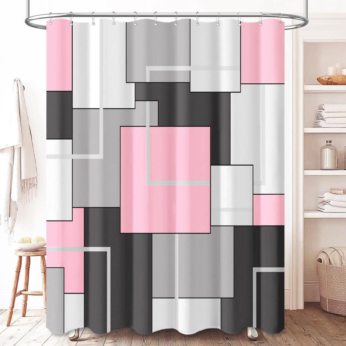 Bttn 78 Inches Long Shower Curtain, Tall Geometric Abstract Fabric Shower Curtain Set With Plastic Hooks, Large Modern Luxury Neutral Cloth Curtains For Bathroom Shower And Bathtubs - 72X78 - Pink