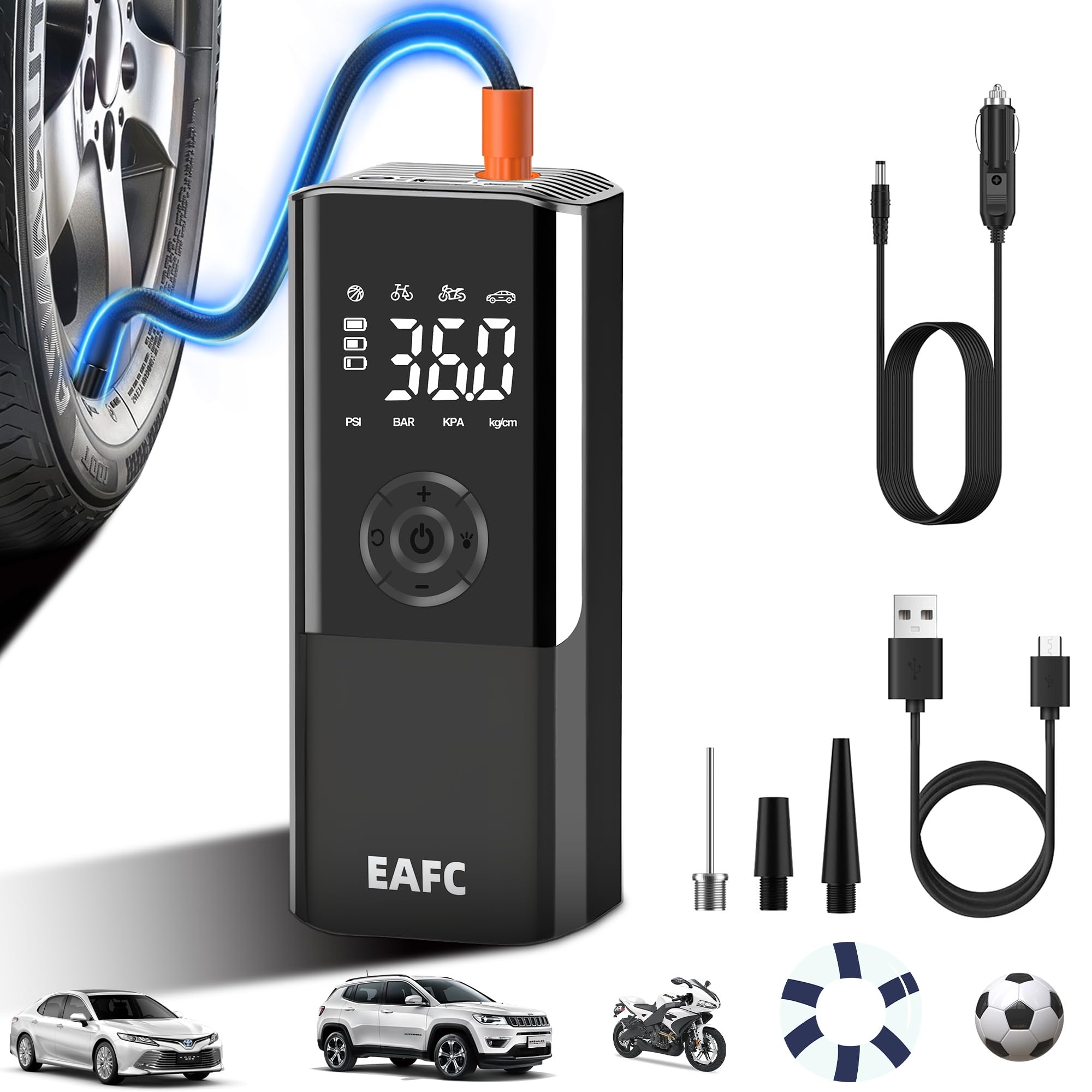 Tire Inflator Portable Air Compressor With Digital Pressure Gauge, 12V Smart Air Pump For Car Tires, Motorcycle, Suv, Electric B