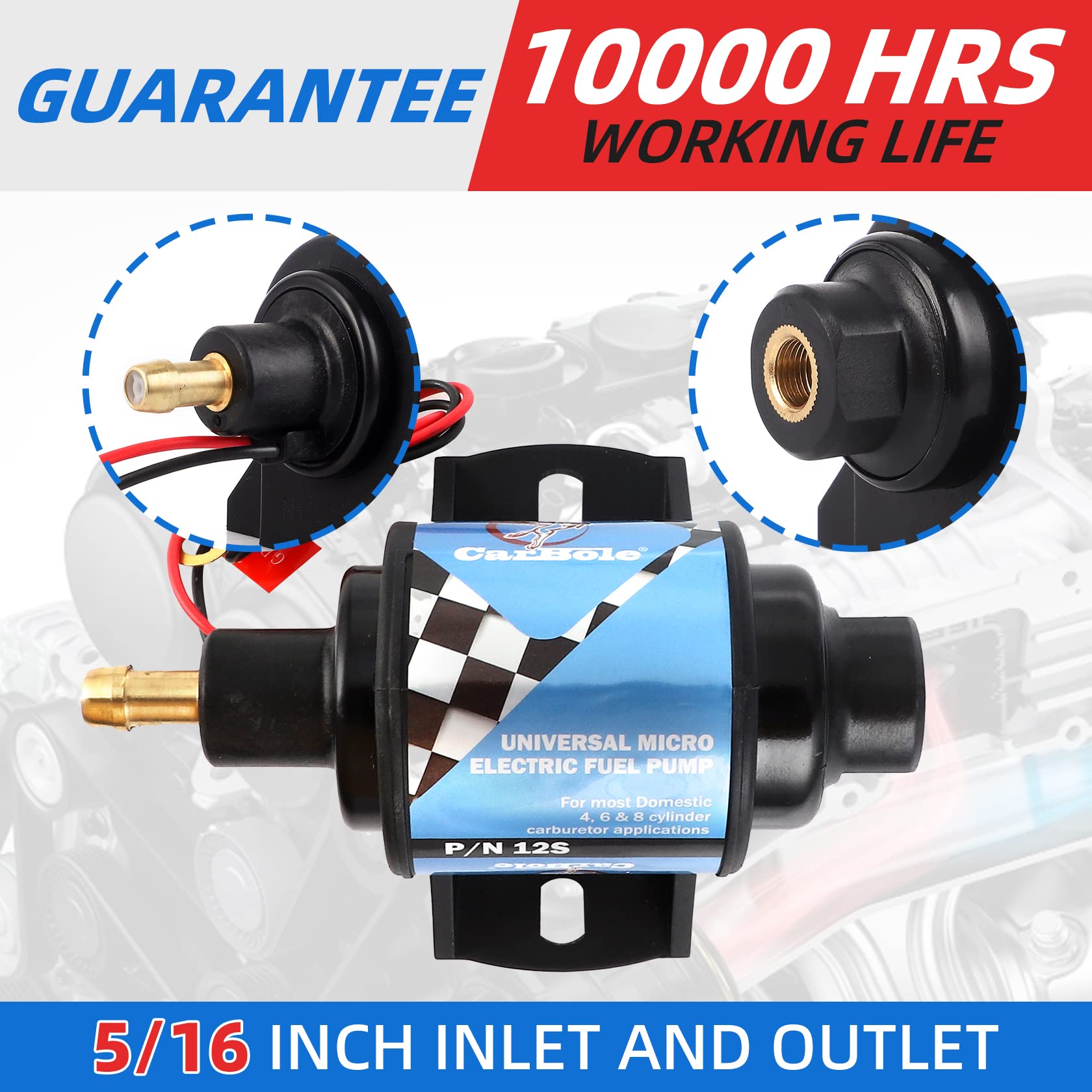 Carbole Micro Electric Gasoline Fuel Pump Universal 5/16 Inch Inlet And Outlet 12V 1-2A 35Gph 4-7 P.S.I.