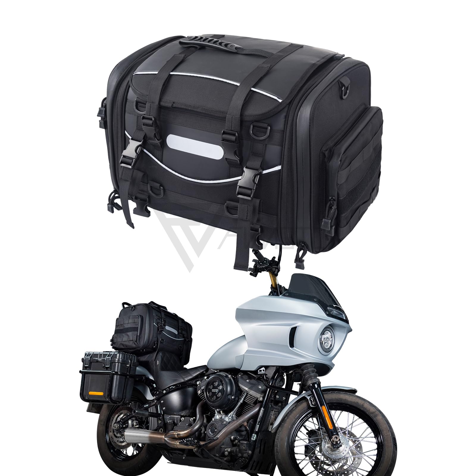 Fvmoto Universal Motorcycle Travel Luggage, Expandable Tail Bag 40-60L(10-15 Gallon), All Weather Rack Bag, Sissy Bar Bags, Helmet Bag, Tour Pack Bag Storage Backpack With 6 Straps, Waterproof Cover