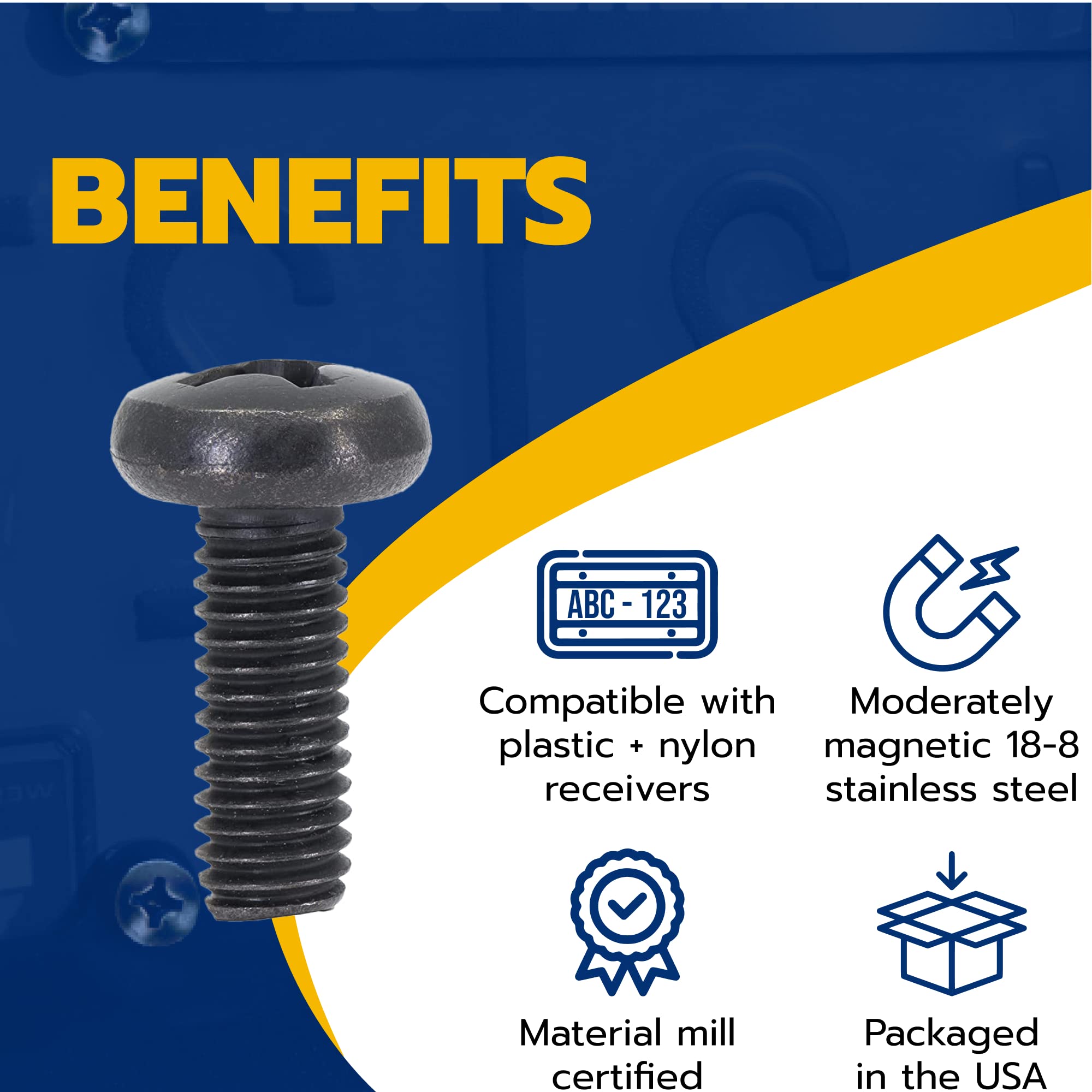 MAKERS BOLT Black License Plate Screws, Stainless Steel M6-1.0 x 16mm, Phillips Machine Pan Head, Pack of 4