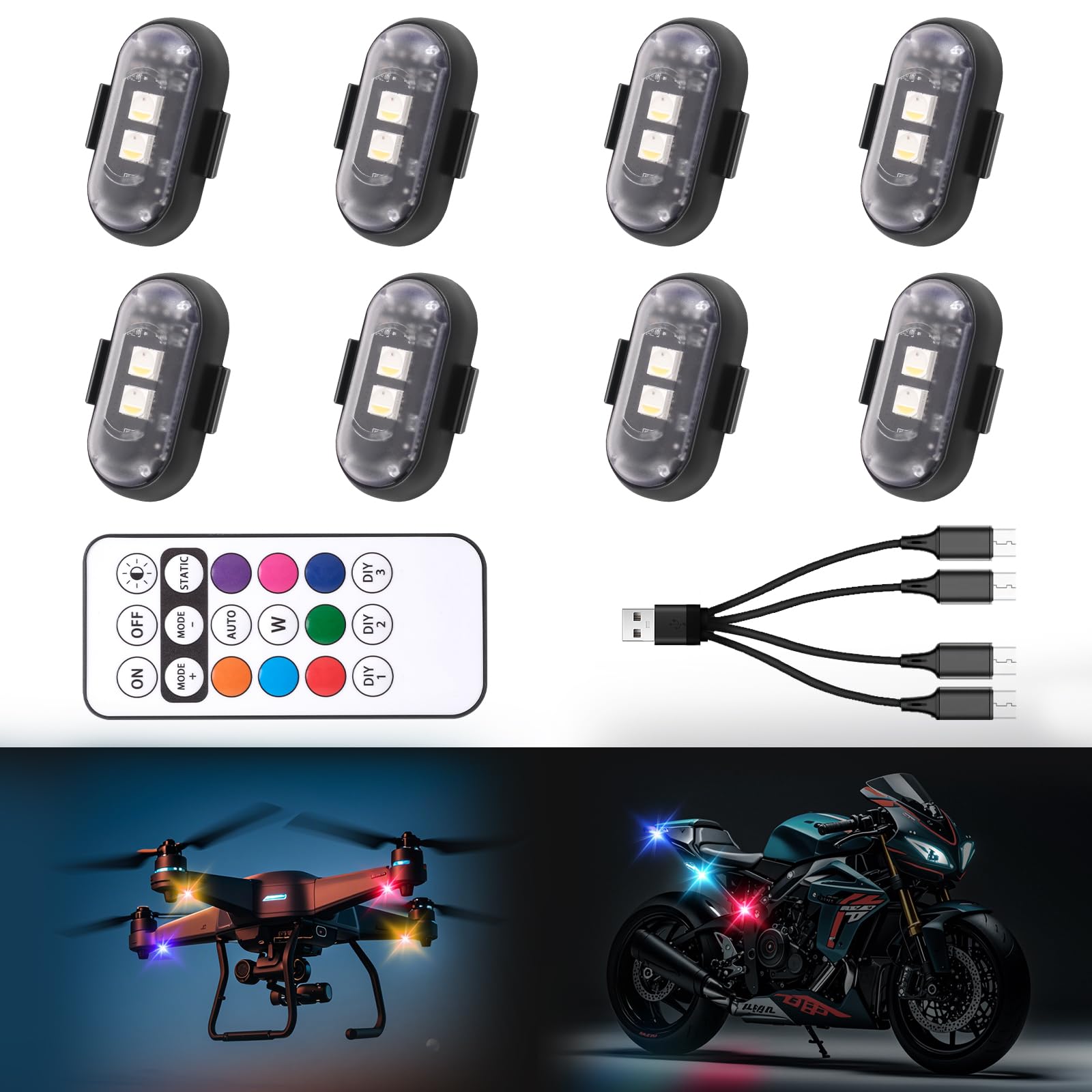 8Pcs Wireless Led Strobe Lights With Remote Control,8 Colors Waterproof Anti-Collision Usb Charing Led Warning Light, High Brigh
