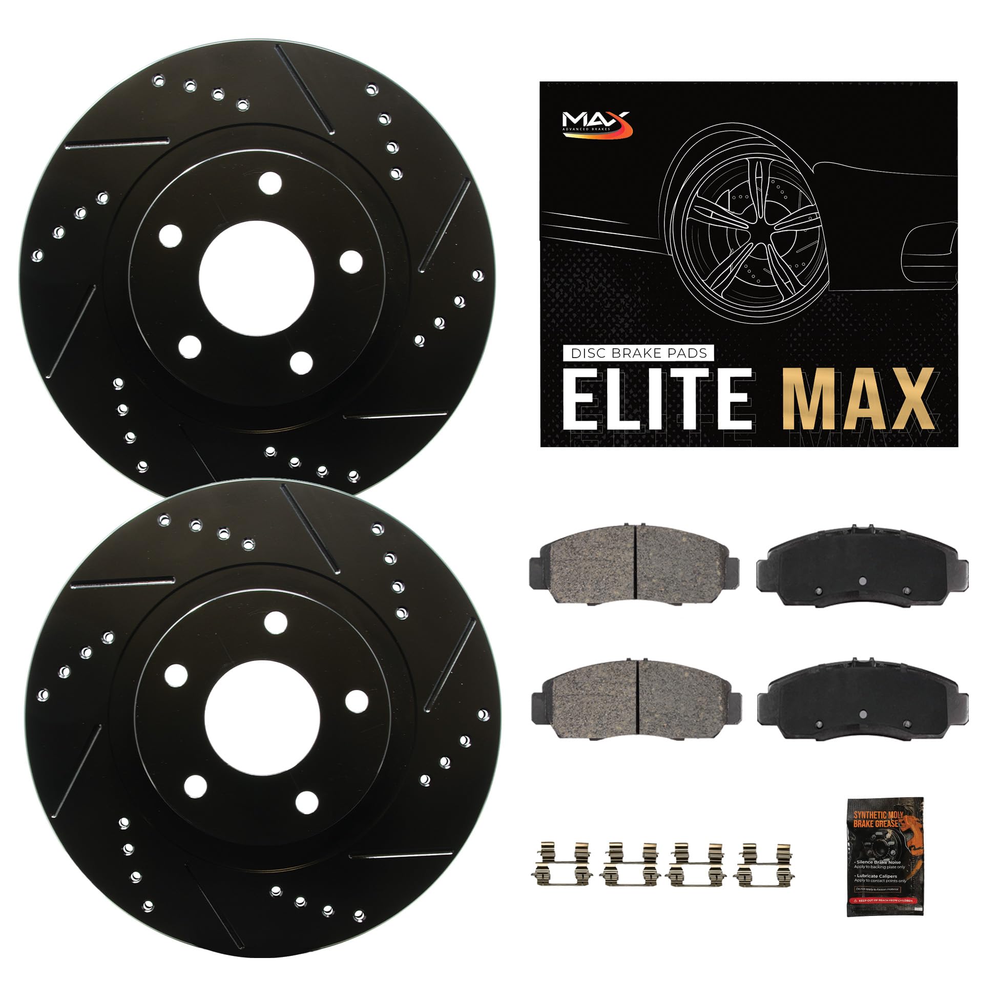 Max Advanced Brakes Front Brake Kit Compatible With 2013 2014 2015 2016 2017 2018 2019 Nissan Sentra 1.8 L4 Engine Replacement Drilled Slotted Black Coated Disc Brake Rotors And Ceramic Brake Pads