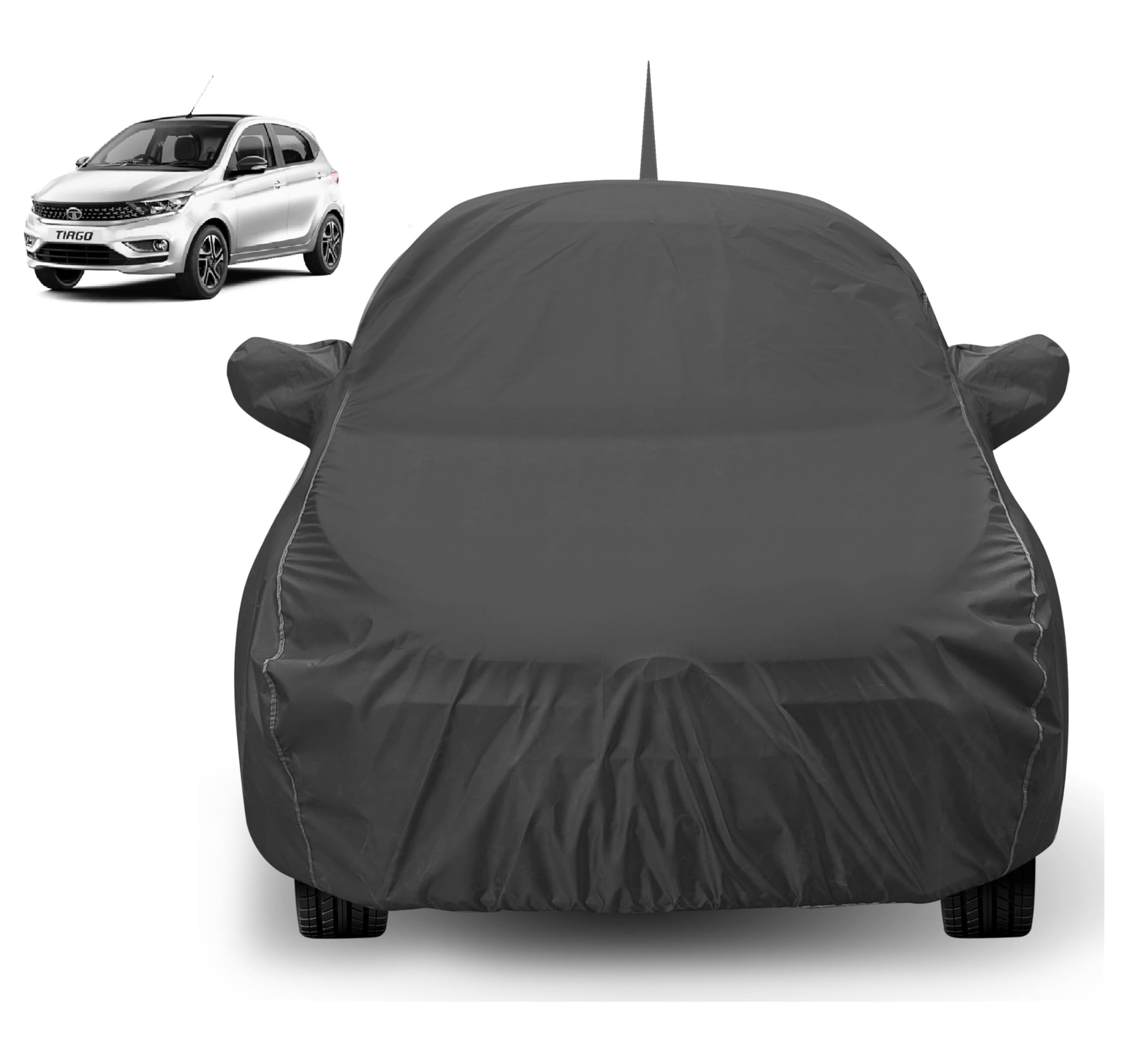 Auto Hub Car Cover Compatible with Tata Tiago with Mirror & Front Antenna Pocket, Dustproof, Heat Resistant, Triple Stitched, Ti