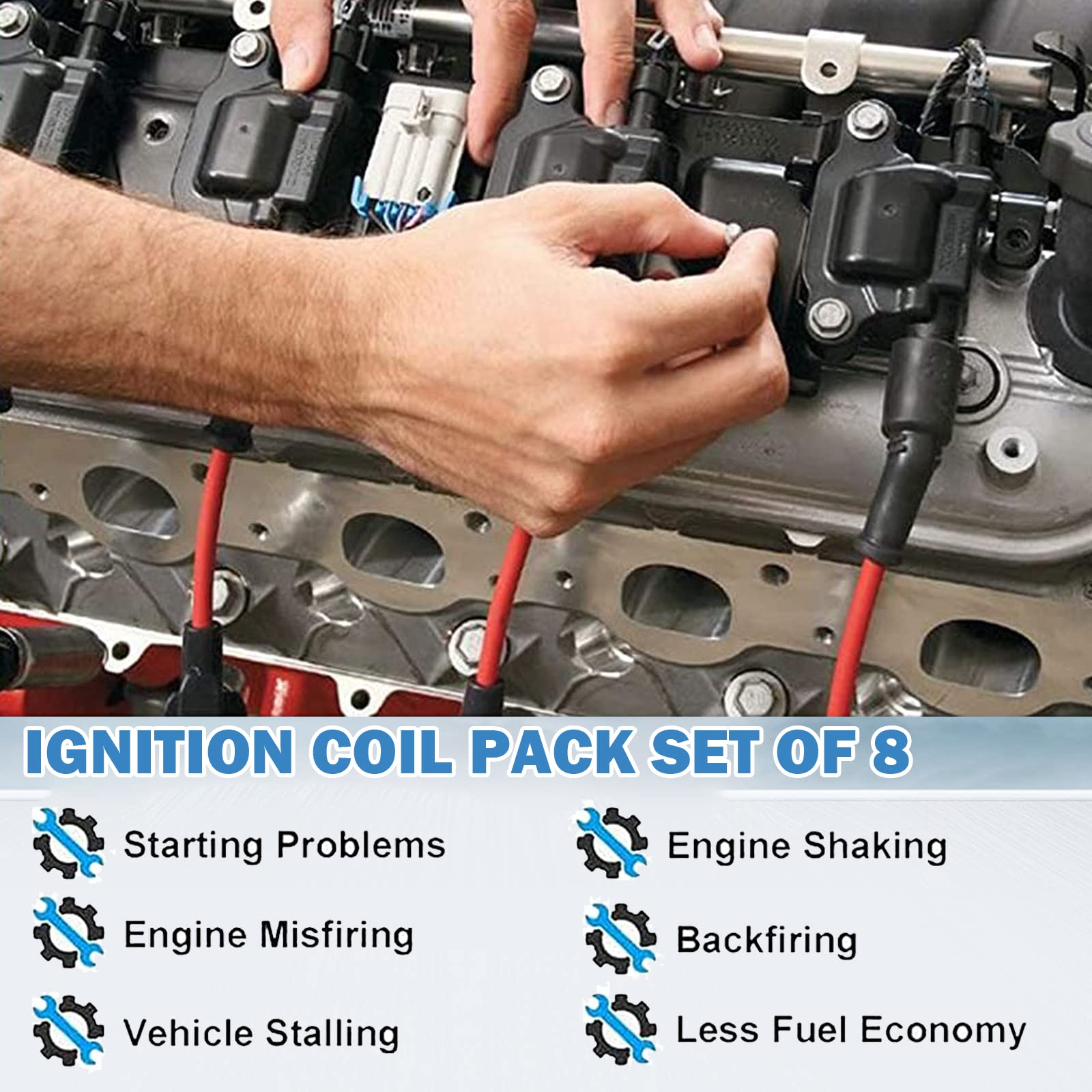 12611424 Ignition Coil Pack Compatible With Chevy Cadillac Gmc Pontiac 5.3L 6.0L V8 Engine G8 Grand Prix H3 Silverado Tahoe Yukon Impala - Replace # 12570616 D510C Uf413, Set Of 8 Ignition Coil