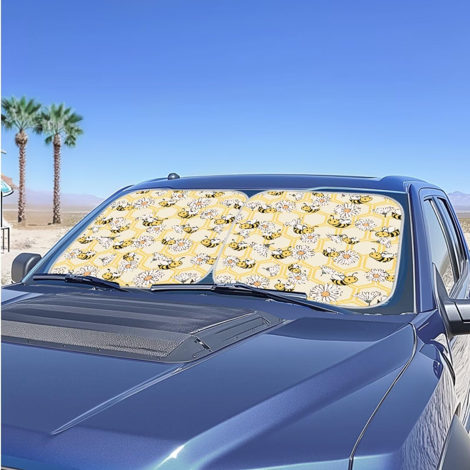 Renewold Bee Daisy Pattern Car Windshield Sun Shade Shield Portable Auto Sunshade Vehicles Sun Visor Fits For Most Sedan Van Suv