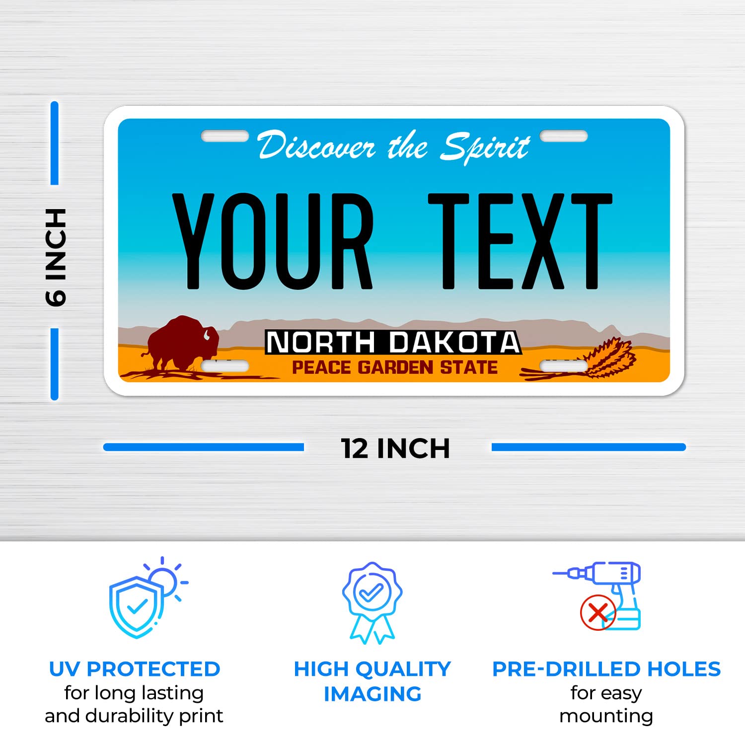Sigo Signs Custom North Dakota License Plate - Personalized 6x12 Inches, Rust Free Aluminum, Fade Resistant, Made in USA