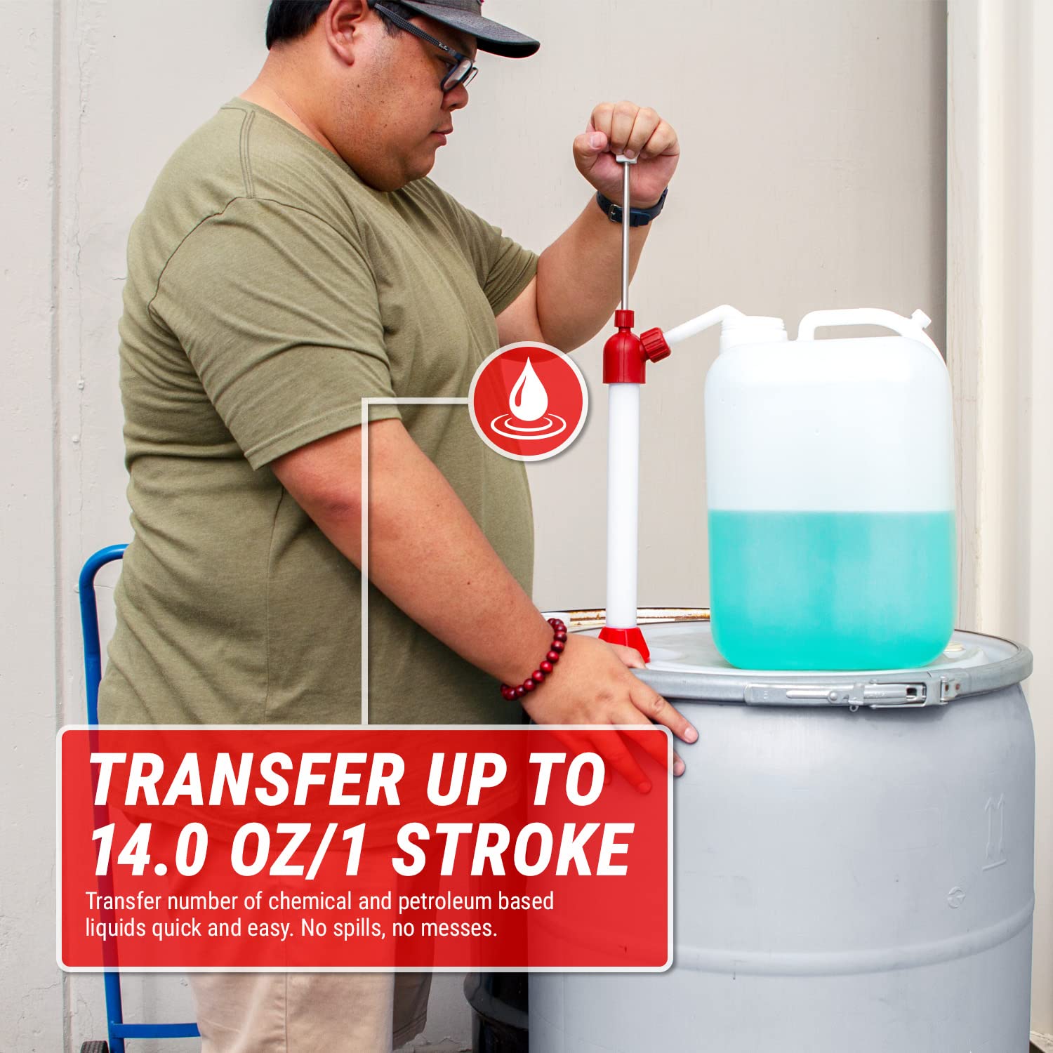 TERAPUMP Drum Barrel Pump for Mild Acids, DEF, Chemical and Biodiesel, Lift Action Manual Pump (14oz / Stroke) Adjustable Height