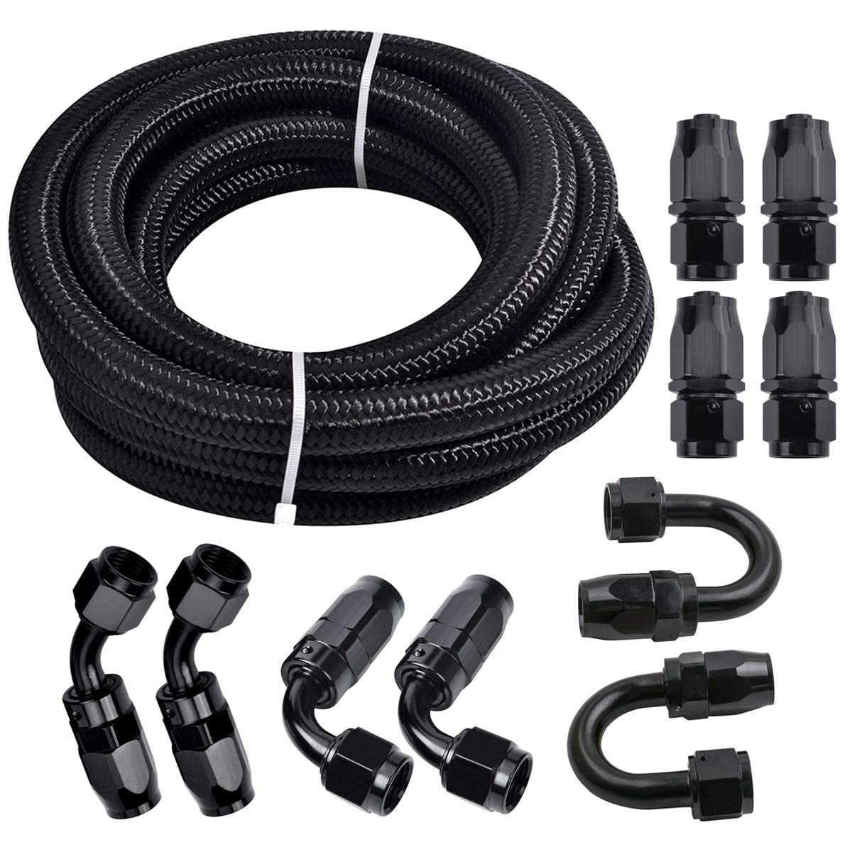 3/8 6AN 20FT, Nylon Stainless Steel Braided Fuel Line Oil/Gas/Fuel Hose End Fitting Hose with 10PCS Swivel Fitting Adapter Kit -