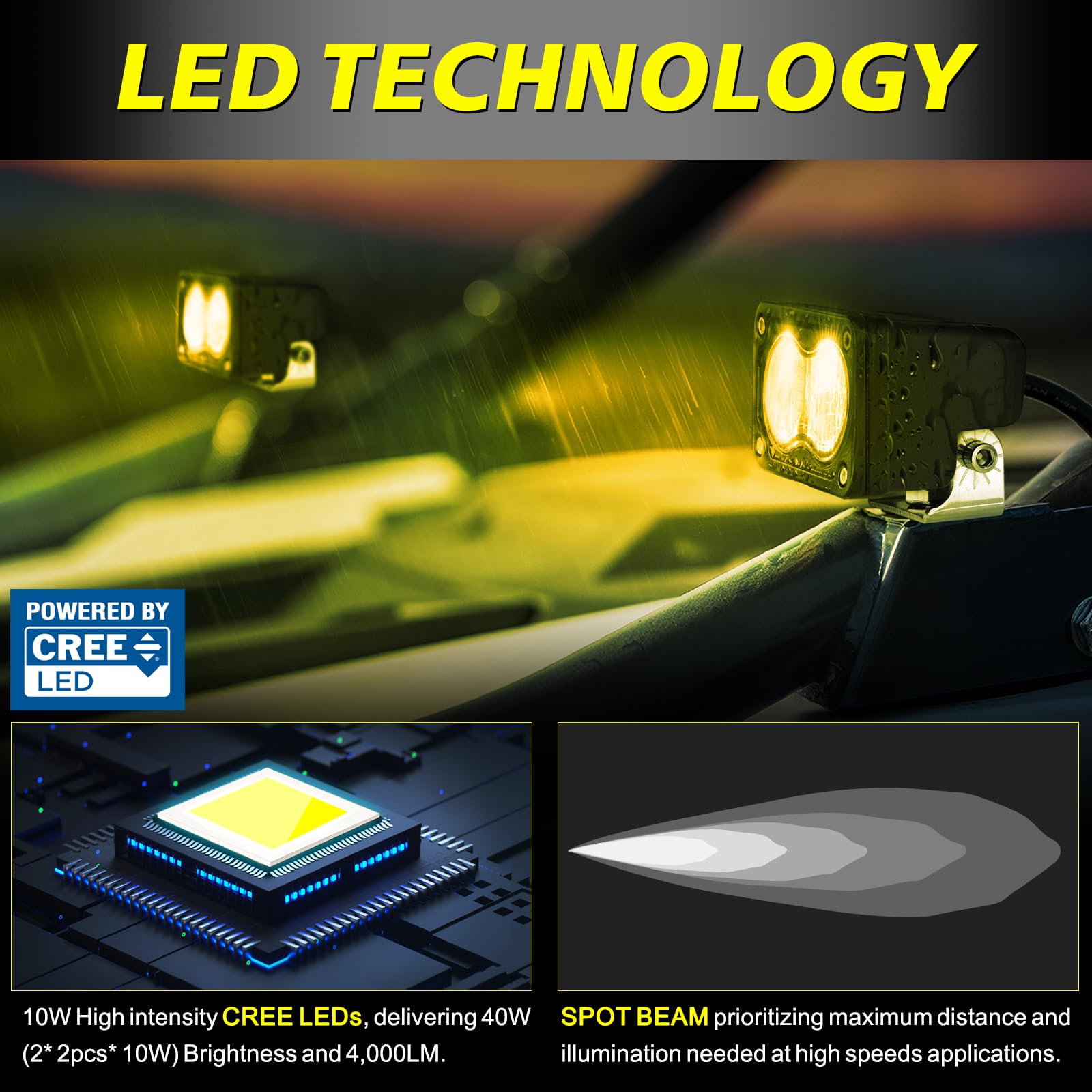 Akd Part Yellow Led Pods, 3 Inch Cree Led Yellow Fog Lights 40W Spot Motorcycle Auxiliary Light Pods Small Offroad Driving Pods