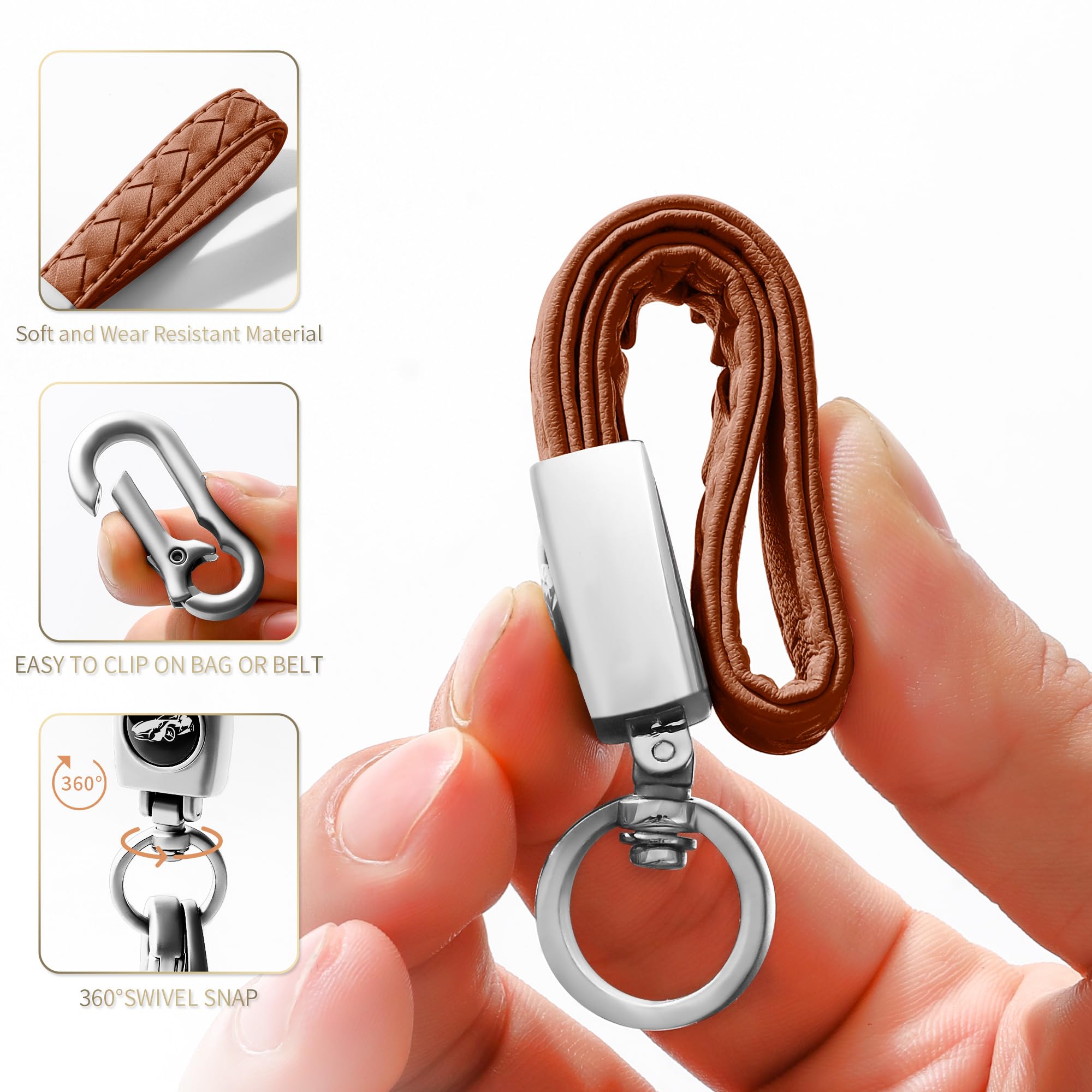 Gkeygo Carabiner Keychain, Universal Heavy Duty Woven Handmade Leather Key Chain, Car Fob Key Keychains With 360 Degree Rotatabl