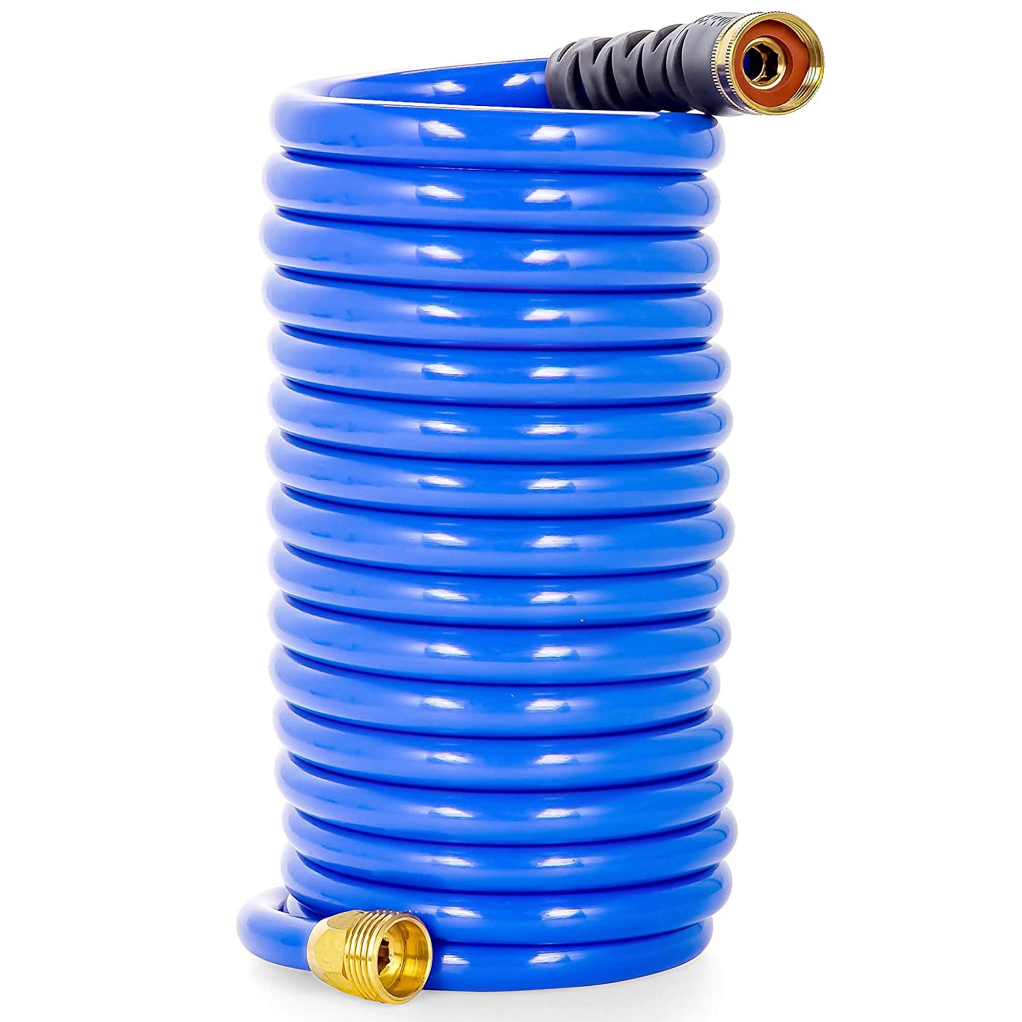 Camco 20 Coiled Water Hose | Rust Resistant With Brass Fittings | Features A 1/2-Inch Id (41983), Blue