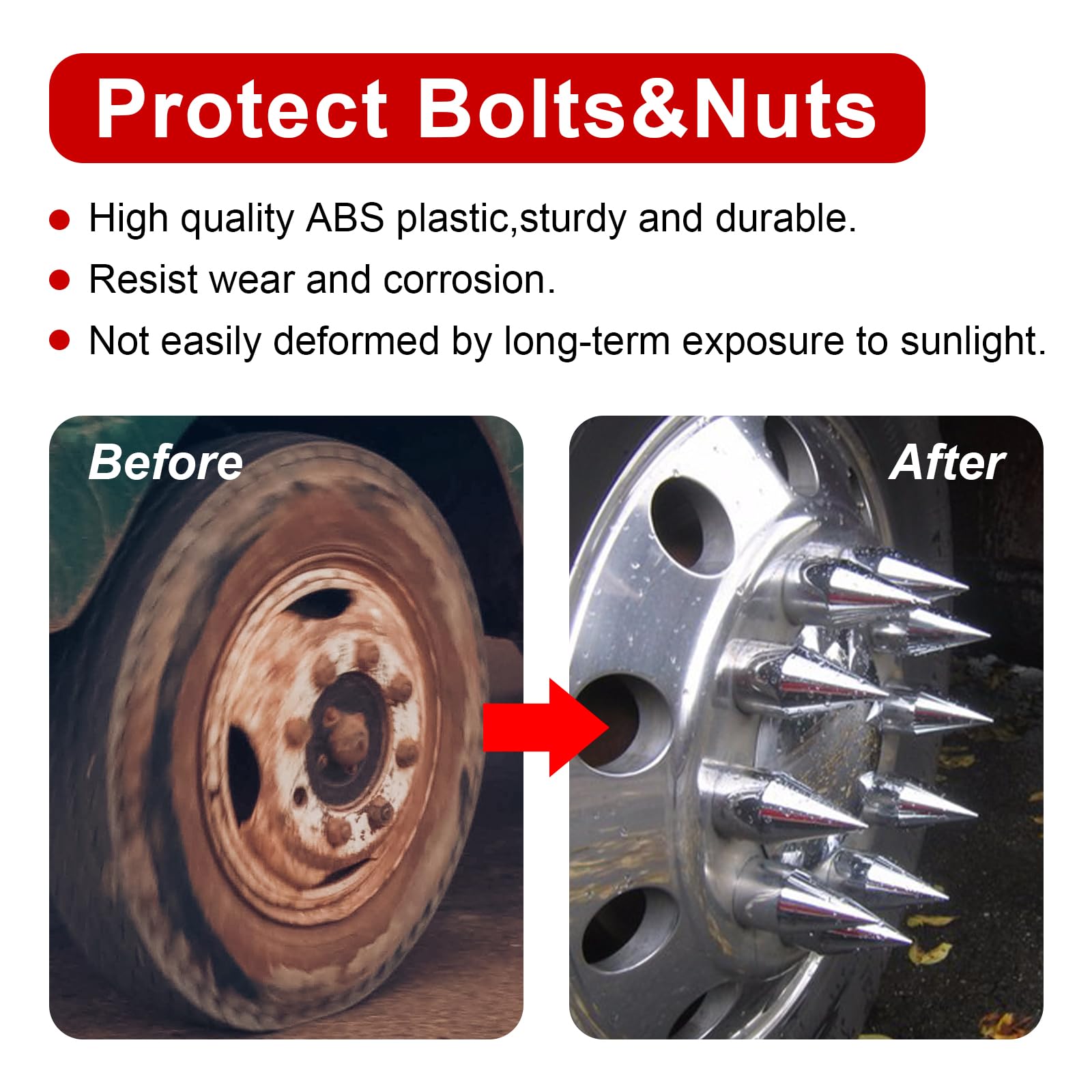 Cabtherlyn 33mm x 4 1/4'' Chromed Spike Lug Nuts Covers Push on,ABS Chrome Plastic Caps Pointed Push-on Lug Nut Cover for Semi T