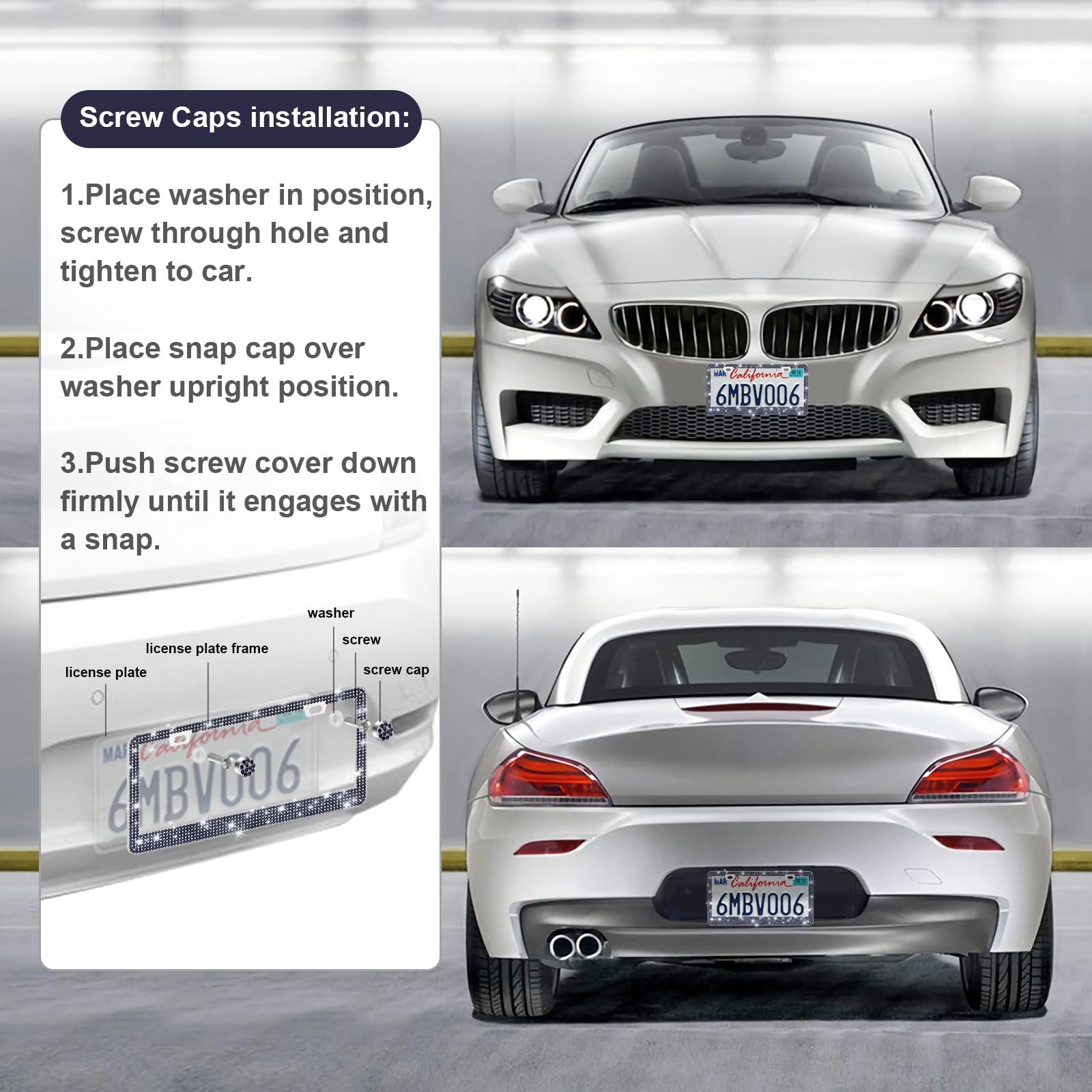 Quanqiufei 2 Pack Bling License Plate Frames For Women, Sparkly Rhinestone Diamond Car Accessories With Glitter Crystal Caps (Na