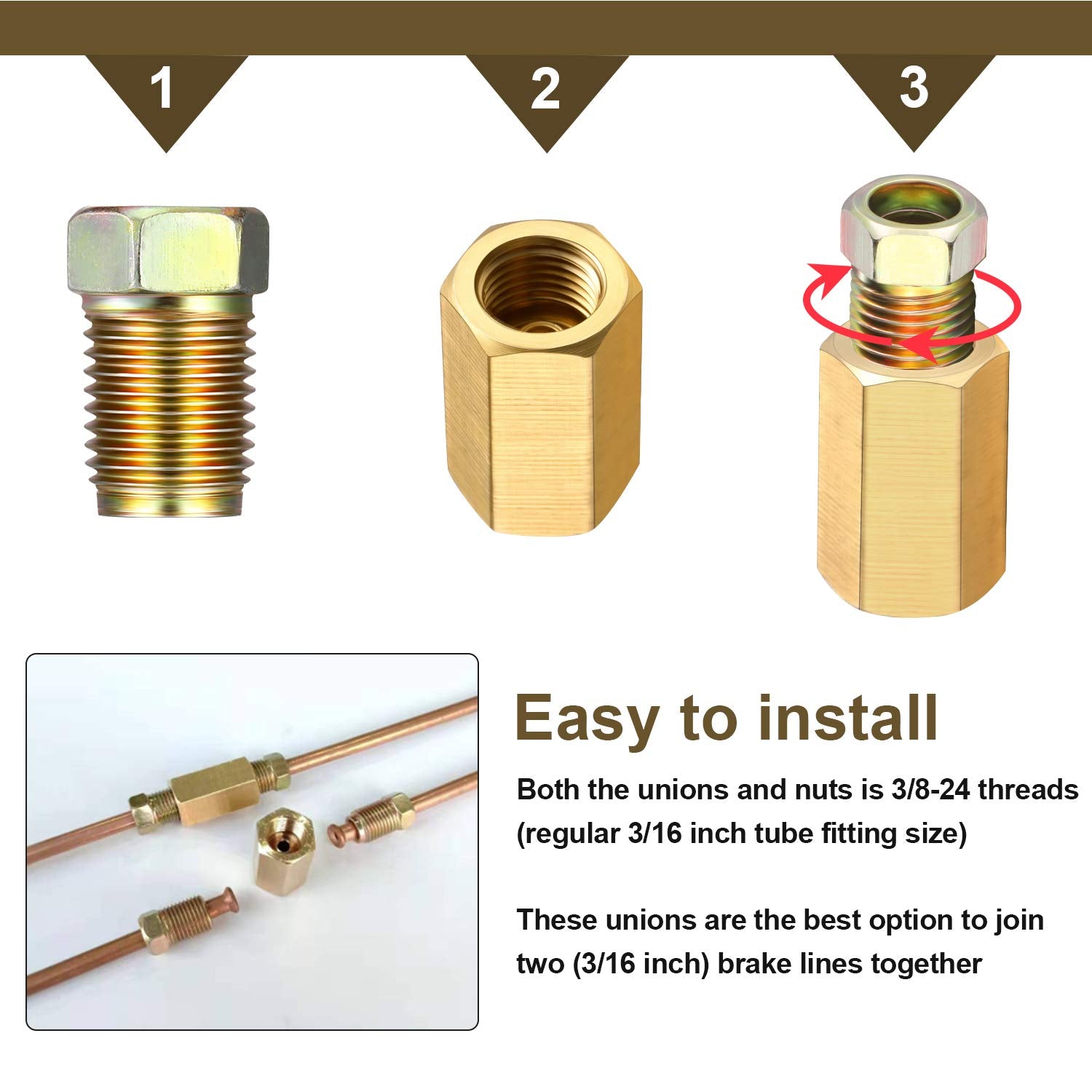 Frienda 18 Pieces 3/8 Inch-24 Threads Brake Line Fittings Assortment For 3/16 Inch Tube (6 Unions, 12 Nuts)