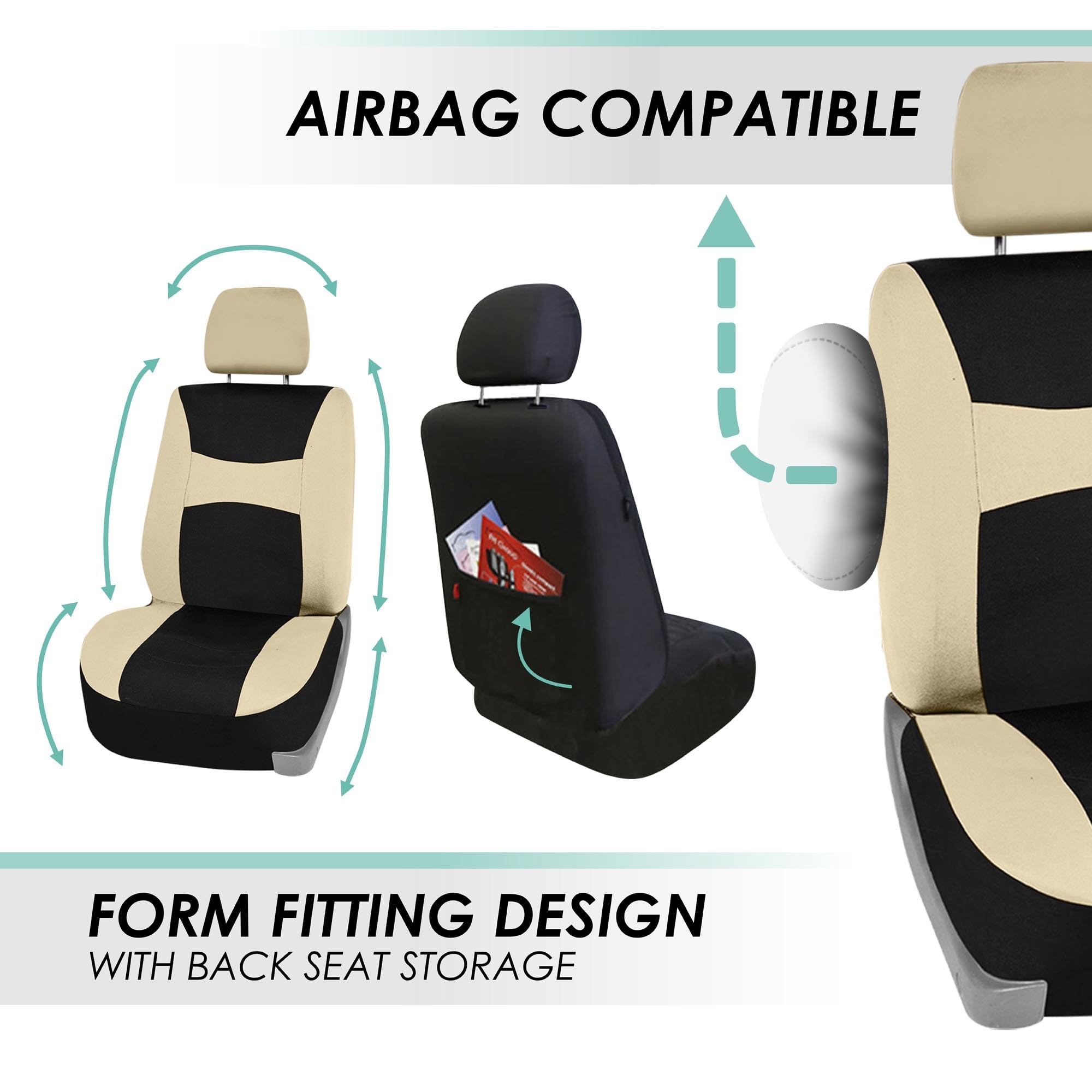 Automotive Seat Covers Beige Black Universal Fit Seat Cover Combo Set With Steering Wheel Cover And Seat Belt Pad (Airbag Compat