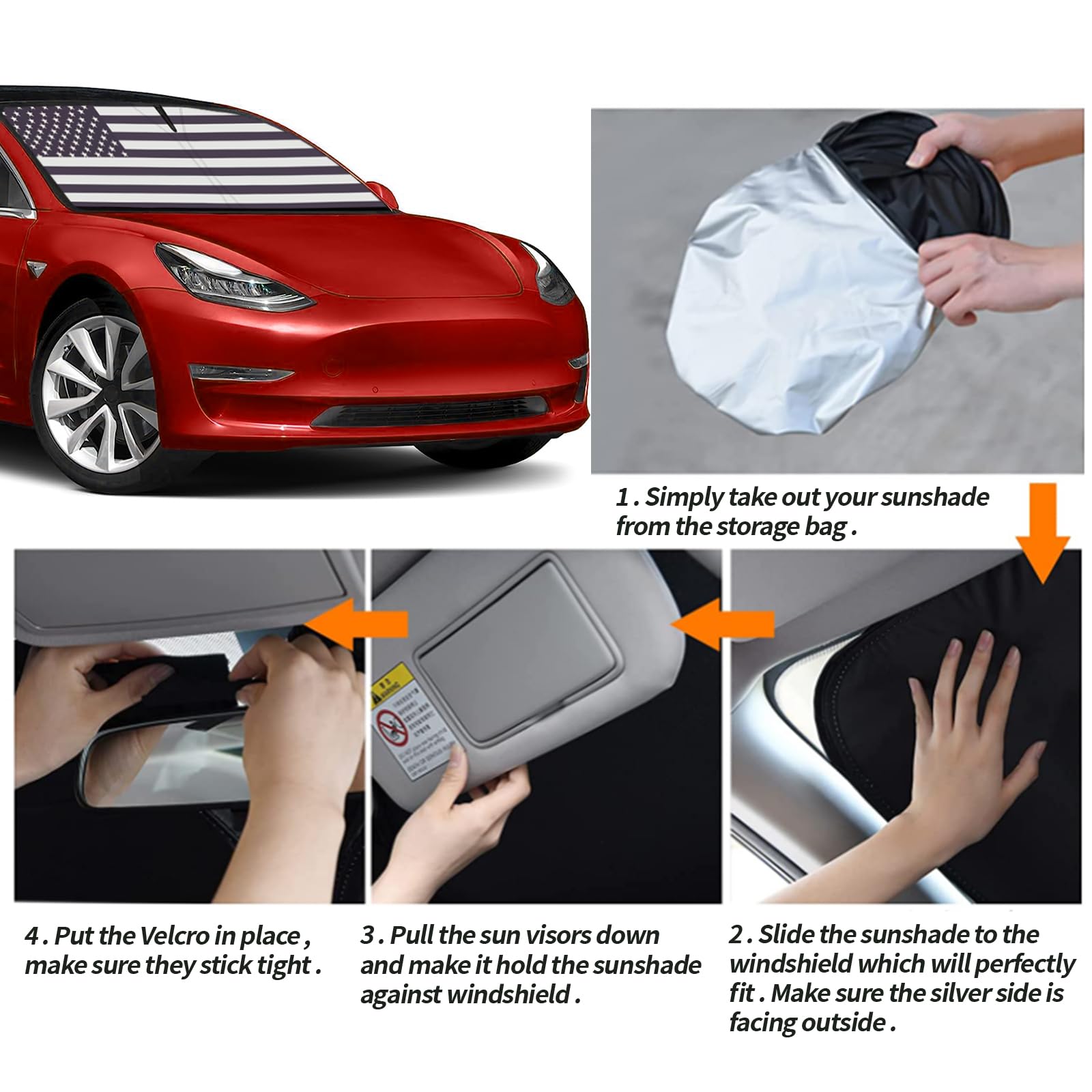 Moricere Upgrade Windshield Sun Shade With Usa Flag For Tesla Model 3 2016-2023, Foldable Windshield Sun Visor Blocks Uv Rays