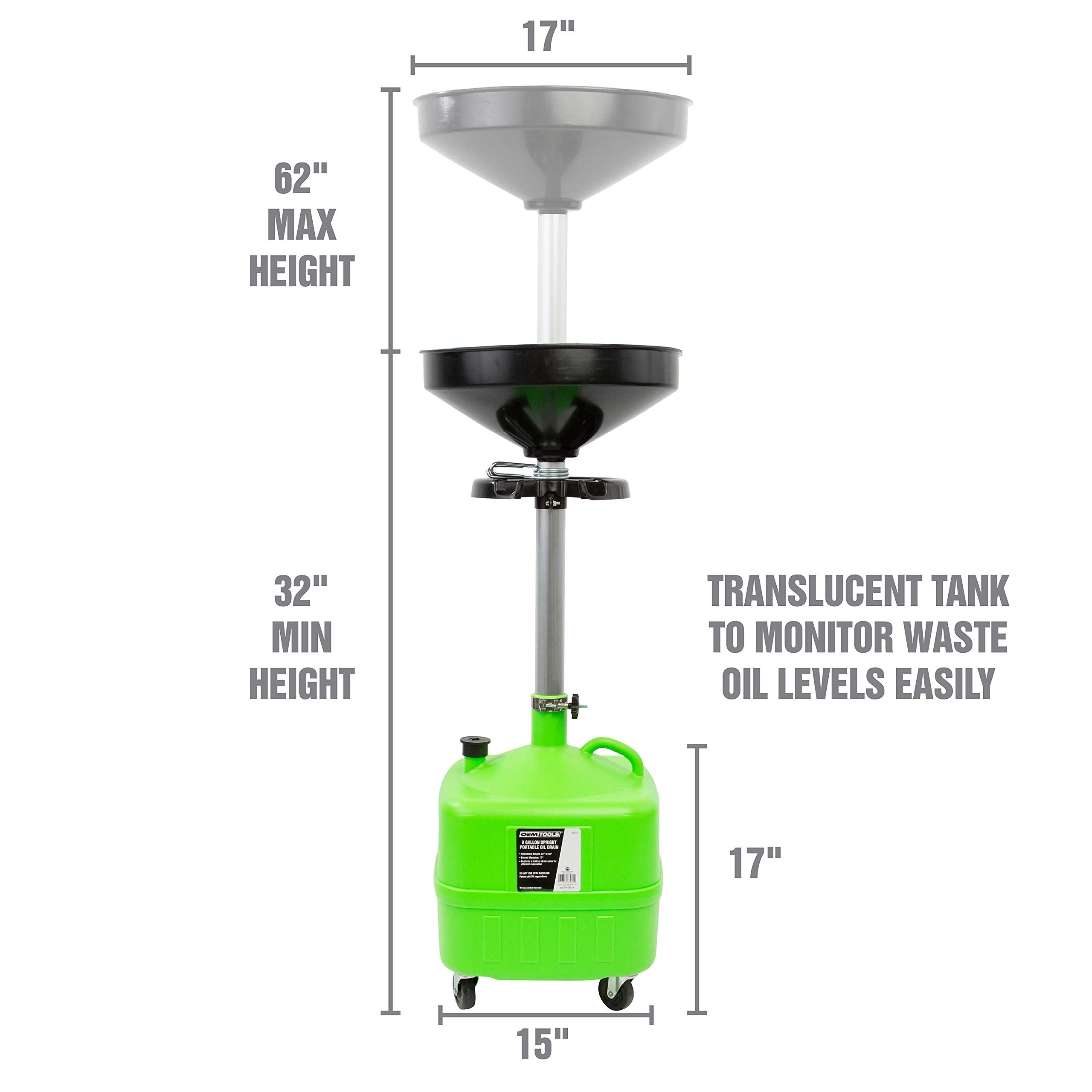 Oemtools 87032 9 Gallon Upright Portable Oil Lift Drain With Oil Pan Funnel, For Changing Car And Truck Motor Oil, Adjustable He