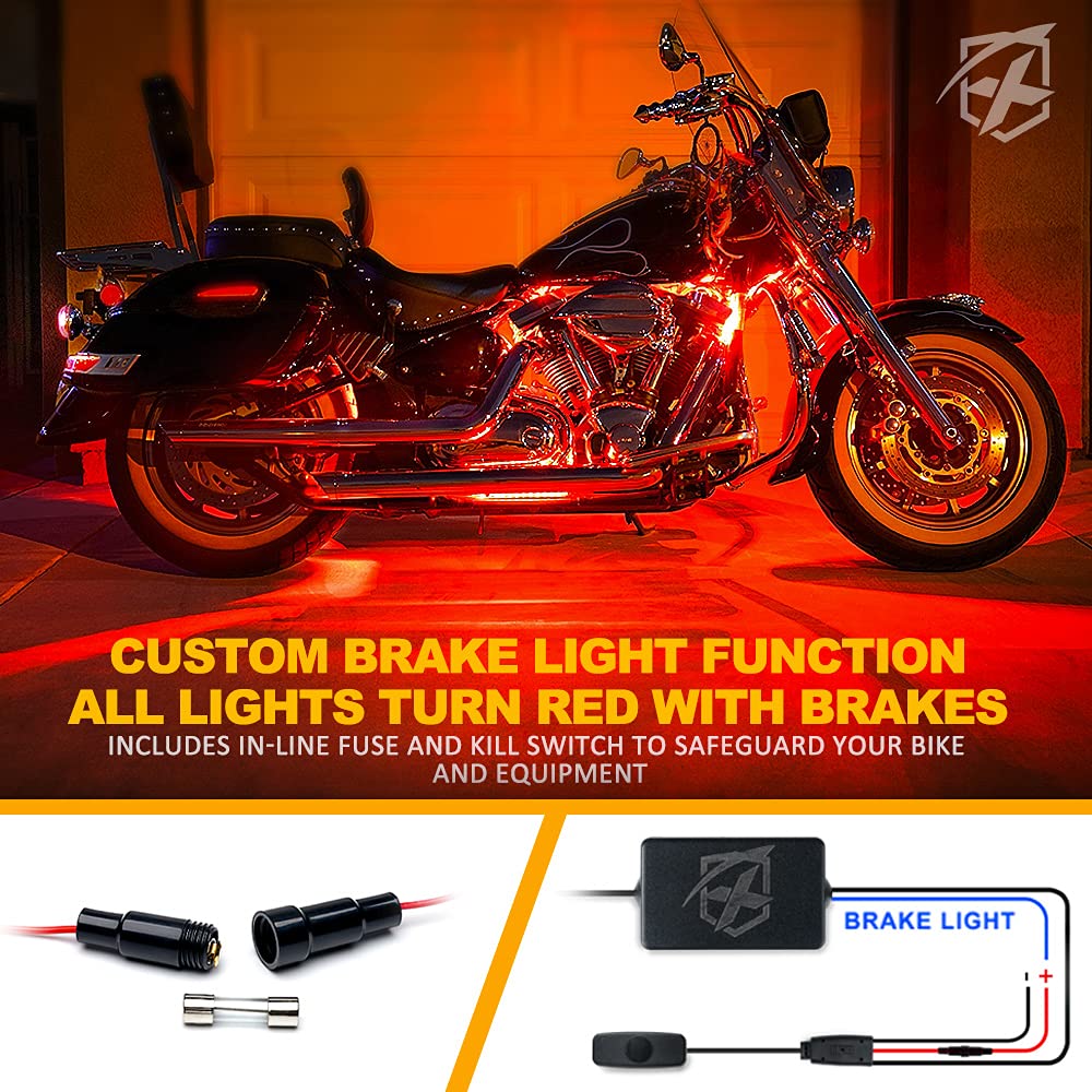 Xprite Motorcycle RGB LED Light Kit Waterproof w/Wireless Remote Control Underglow Neon Lights Strips Red Brake Lamp Function fo