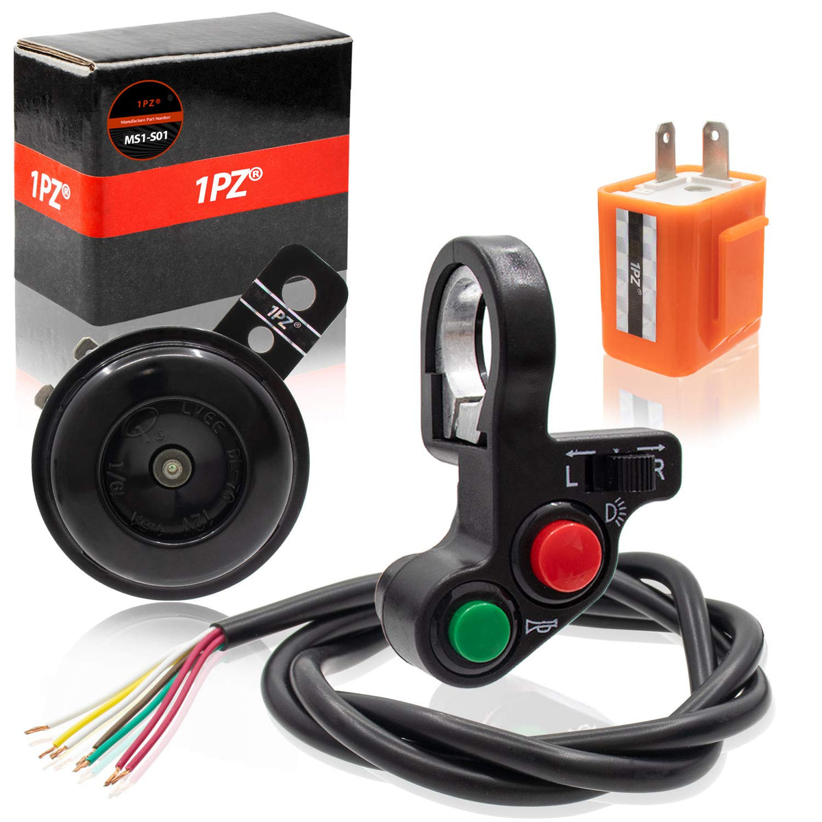 1PZ MS1-S01 7/8'' Multi-Function Horn Turn Signal On/Off Light Switch + Flasher Relay + Horn Replacement for Honda Yamaha Suzuki