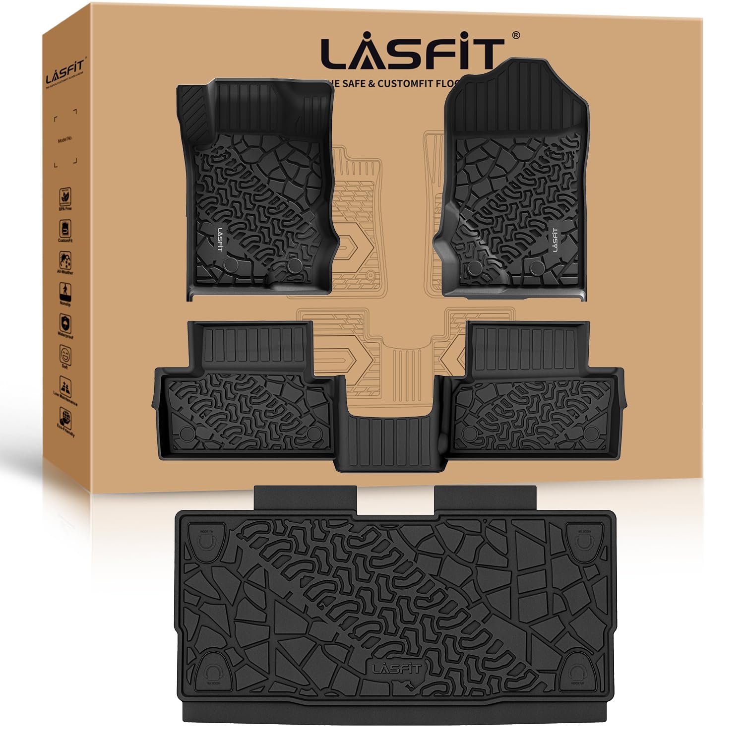 Lasfit Floor Mats Cargo Liner For Ford Bronco 2-Door 2025 2024 2023 2022 2021(Not For Bronco Sport) All Weather Custom Fit Tpe C