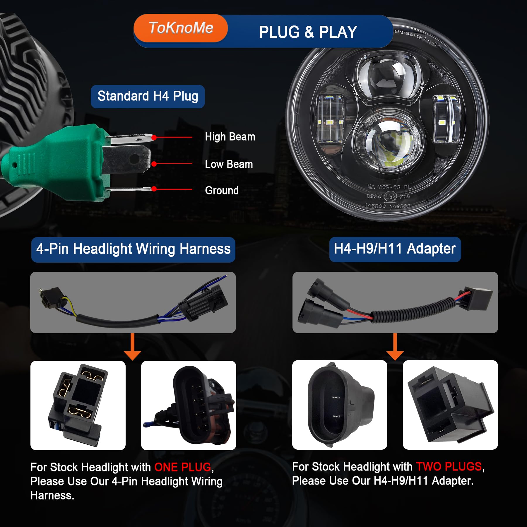 ToKnoMe Black 7'' inch LED Headlight Fog Passing Lights Motorcycle Lamp Compatible with Harley Davidson Touring Road King Ultra